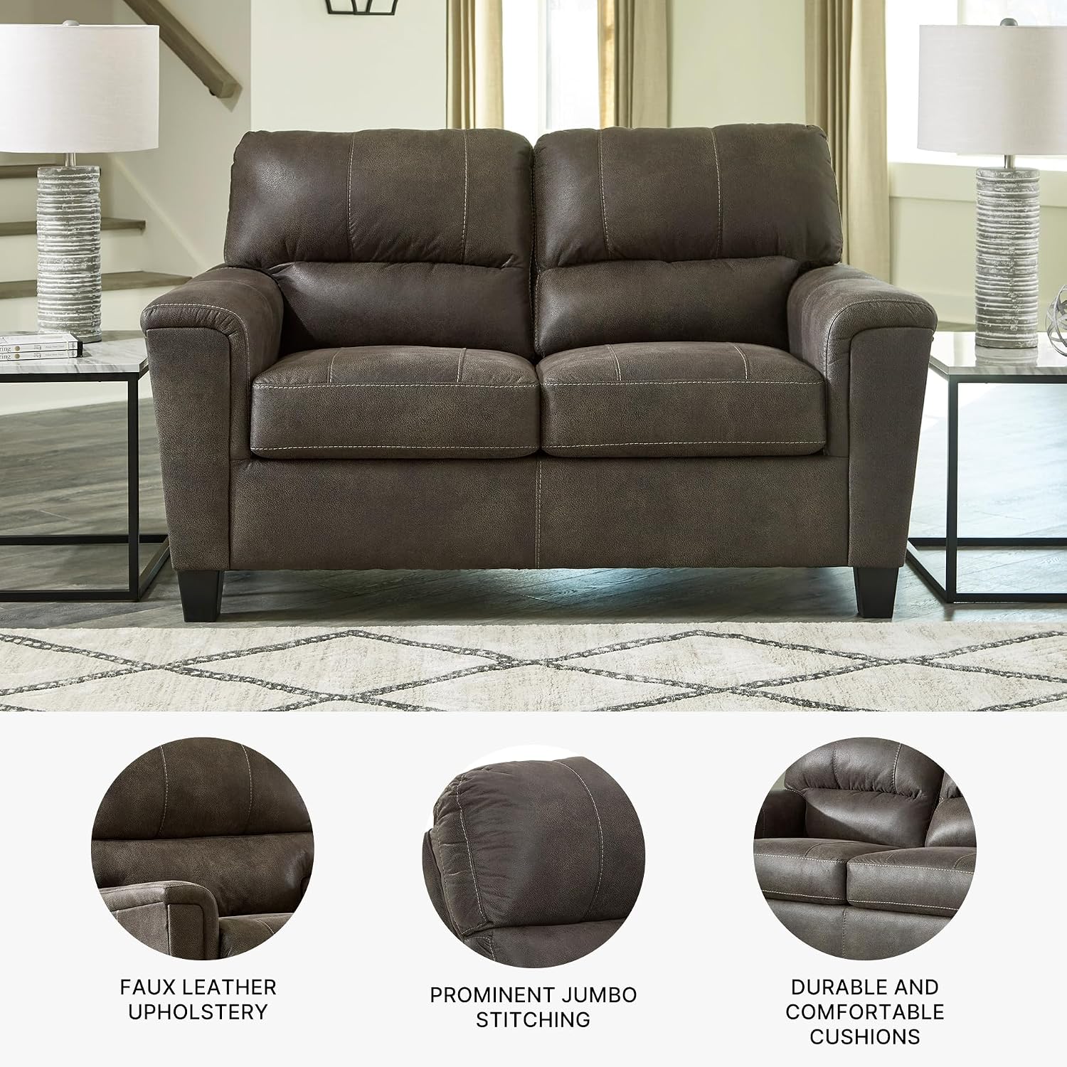 Signature Design by Ashley Navi Faux Leather Modern Loveseat, Gray