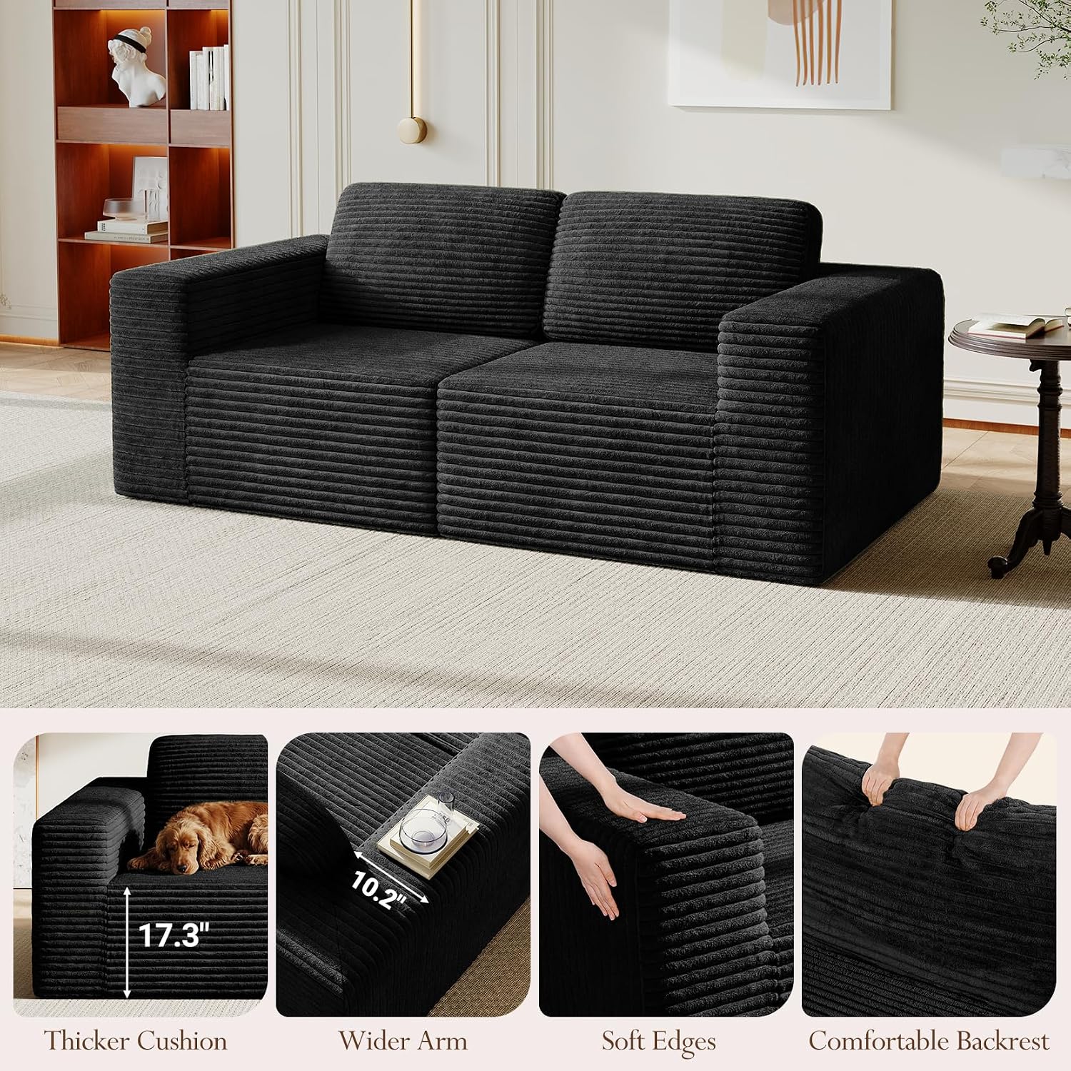 Vesgantti 80' Modular Sectional Sofa, Corduroy Cloud Couch with Deep Seating & Spring Support, 2 Seater Compact Modular Couch, Boneless Sectional Sofa for Small Spaces, No Assembly Required, Black