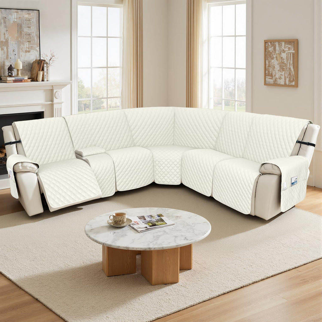Arfntevss Recliner Sectional Couch Covers 1OO% Waterproof L Shape Sofa Cover for Reclining L Shaped Sectional Slipcover Dog Washable Corner Non Slip Protector (5 Seater with 1 Console, Cream White)