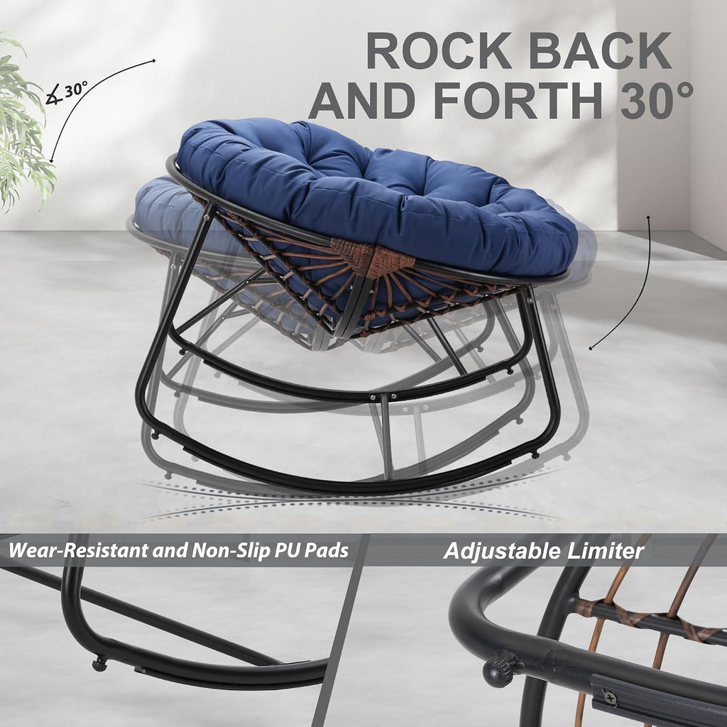 Outdoor Rocking Chair, Indoor & Outdoor Comfy Oversized Papasan Chair with Padded Cushion, Oversized Metal Frame Egg Chair for Living Room, Patio, Front Porch, Backyard