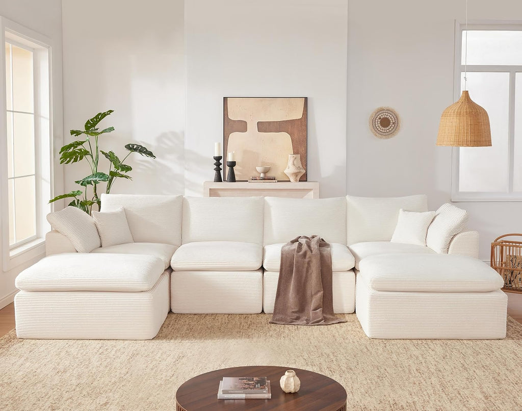 143' Cloud Sectional Couch, Boneless couches for Living Room, U Shaped Couch with Convertible Ottoman, Modular Sectional Sofa with Deep Seat, Comfy Soft Cushions, No Assembly, Beige