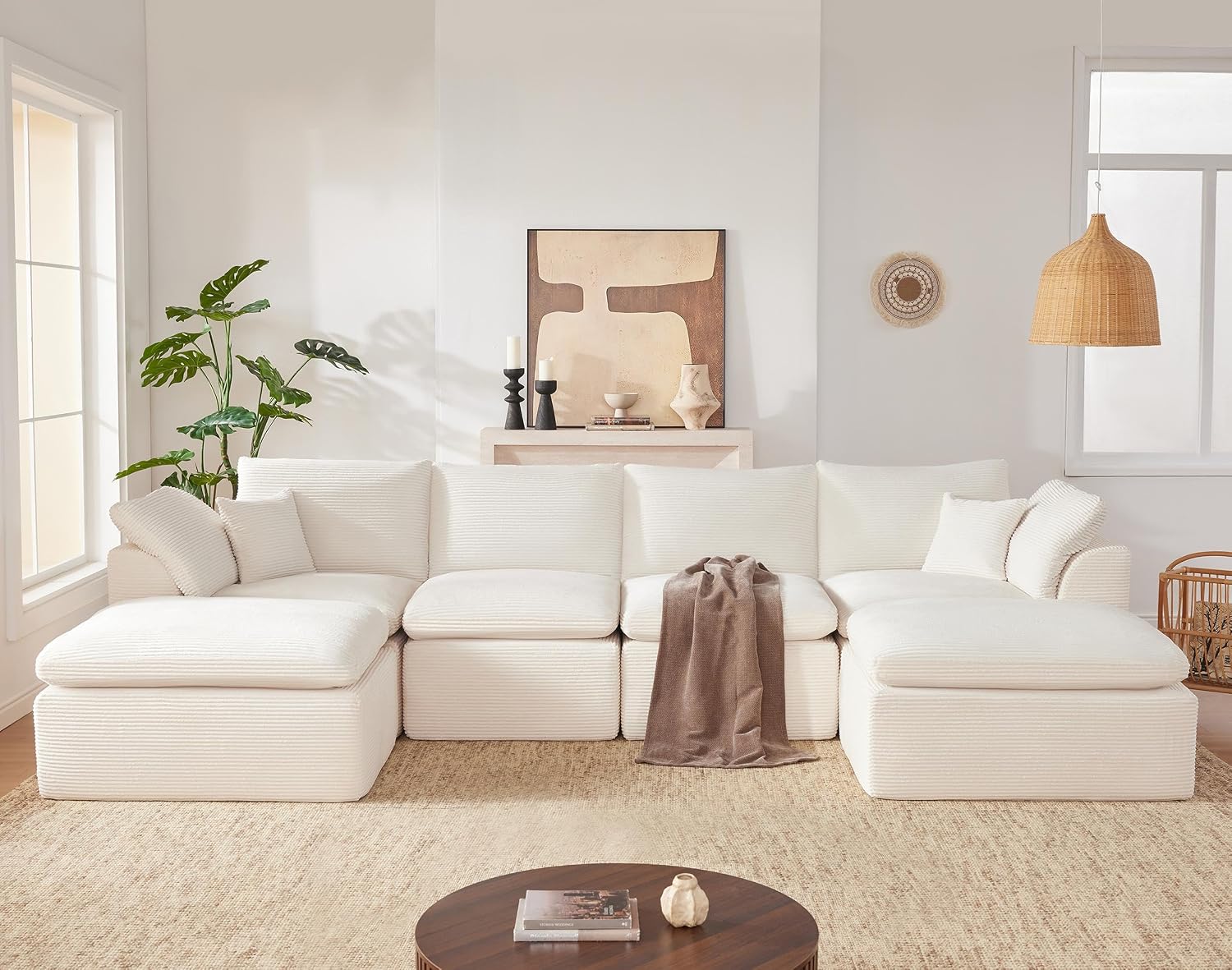 143' Cloud Sectional Couch, Boneless couches for Living Room, U Shaped Couch with Convertible Ottoman, Modular Sectional Sofa with Deep Seat, Comfy Soft Cushions, No Assembly, Beige