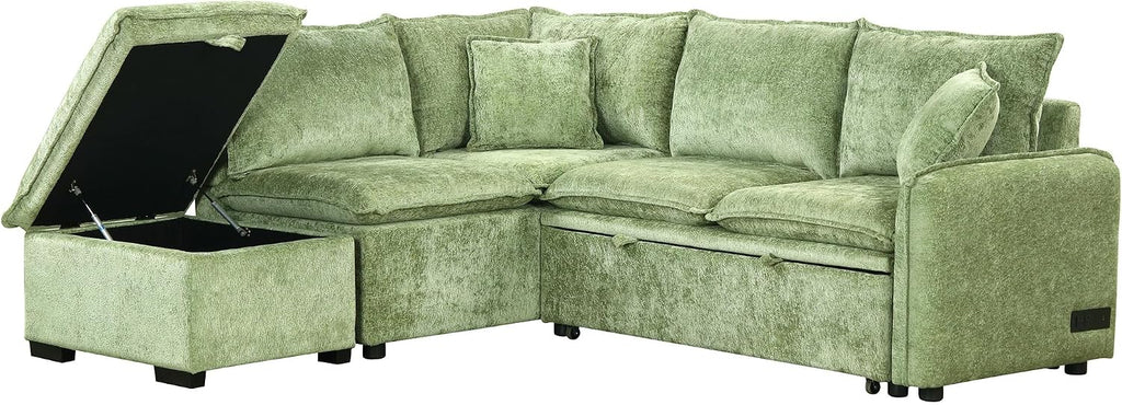 LUMISOL 82.7' Convertible Sleeper Sofa Bed with Storage Ottoman, L-Shaped Sectional Sofa with Pull Out Bed, USB Ports, Chenille Sleeper Sofa Couch with Chaise for Living Room, Green