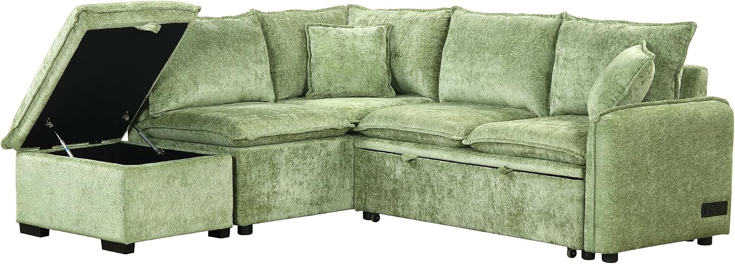 LUMISOL 82.7' Convertible Sleeper Sofa Bed with Storage Ottoman, L-Shaped Sectional Sofa with Pull Out Bed, USB Ports, Chenille Sleeper Sofa Couch with Chaise for Living Room, Green