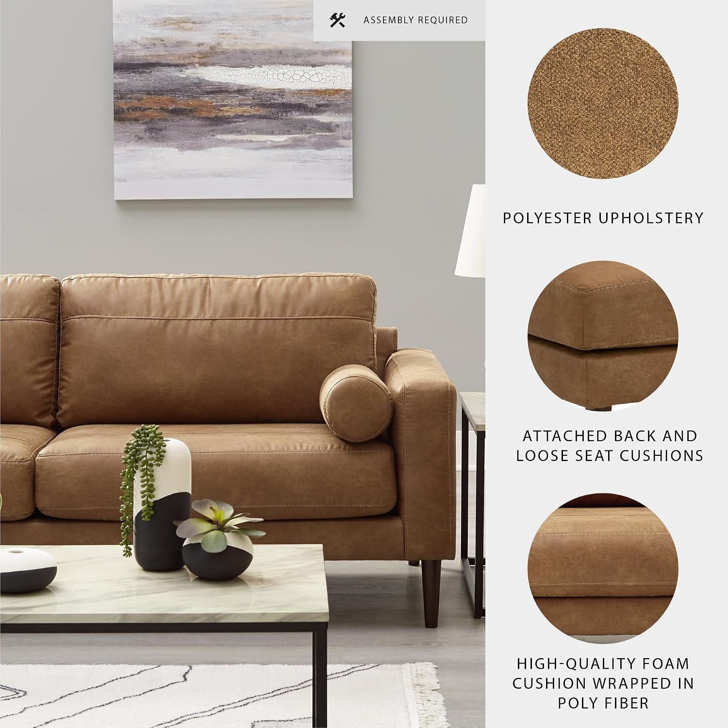 Signature Design by Ashley Telora Faux Leather Sofa, 2 Bolster Pillows, Loose Cushions, Faux Wood Finish Accent Legs, 85' W x 35' D x 35' H, Dark Brown