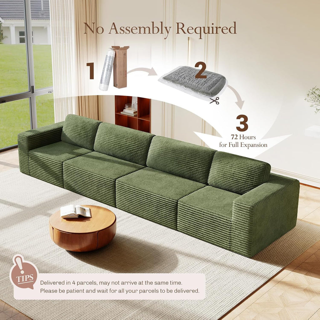Vesgantti 159' Modular Sectional Sofa, Corduroy Cloud Couch with Extra Deep Seats & Spring Support, Flexible Layout 4-Seater Boneless Couch, No Assembly Required, Green