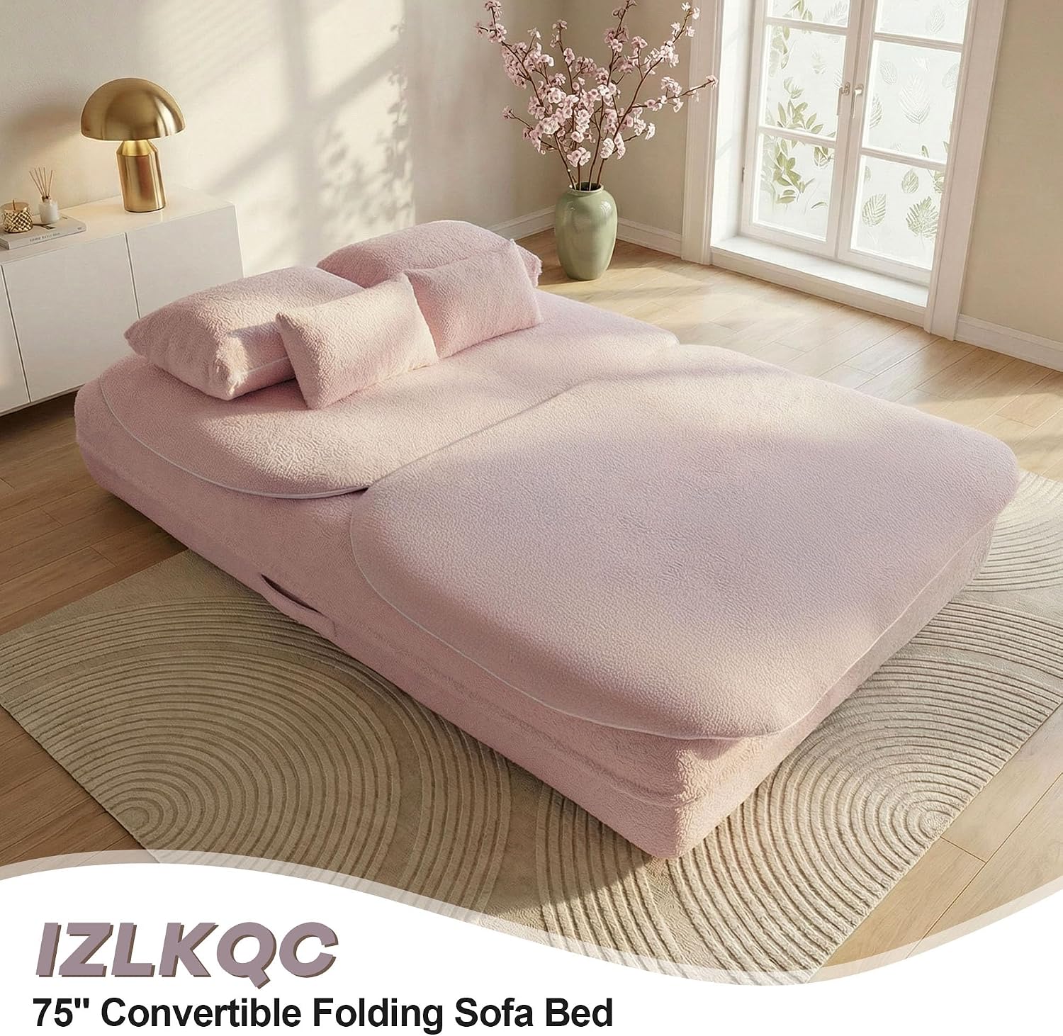 75'' Folding Sleeper Sofa Bed, Convertible Memory Foam Boneless Couch, Foldable Full Size Guest Bed, Modern 2-in-1 Futon Floor Sleeper Sofa with 4 Pillows and Blanket (Teddy, Pink2)