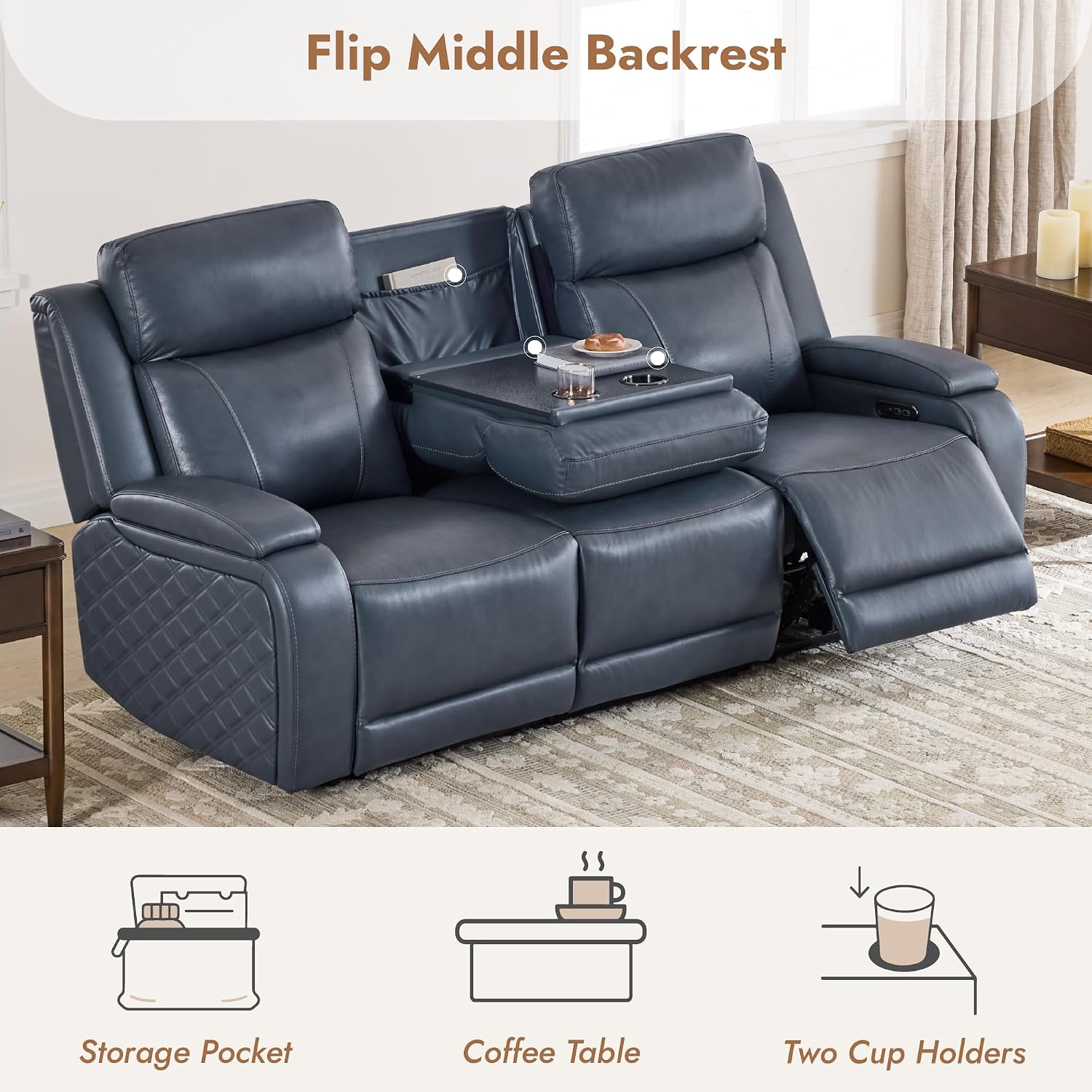 Watson & Whitely Genuine Leather Power Recliner Sofa, 3 Seater Zero Gravity Reclining Couch with Power Headrest & Flip Middle Backrest Table, Hidden Storage, Cup Holders for Living Room, Navy Blue
