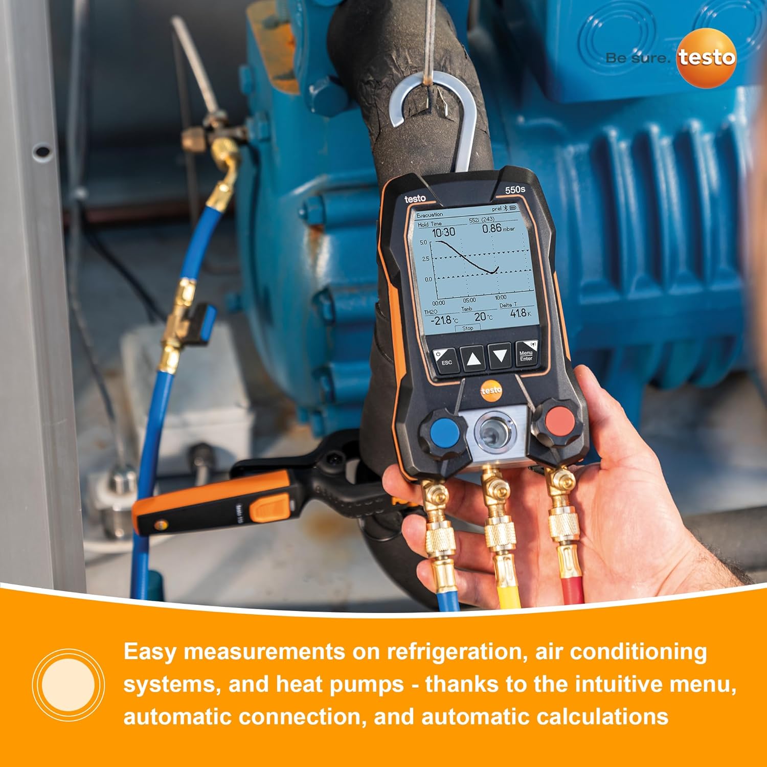testo 550s AC Manifold Gauge Set – Manifold Gauges Hvac and Refrigeration – Incl. 2x testo 115i Pipe Clamp Thermometer, 1x testo 552i Micron Gauge Hvac - AC Recharge Kit with Bluetooth