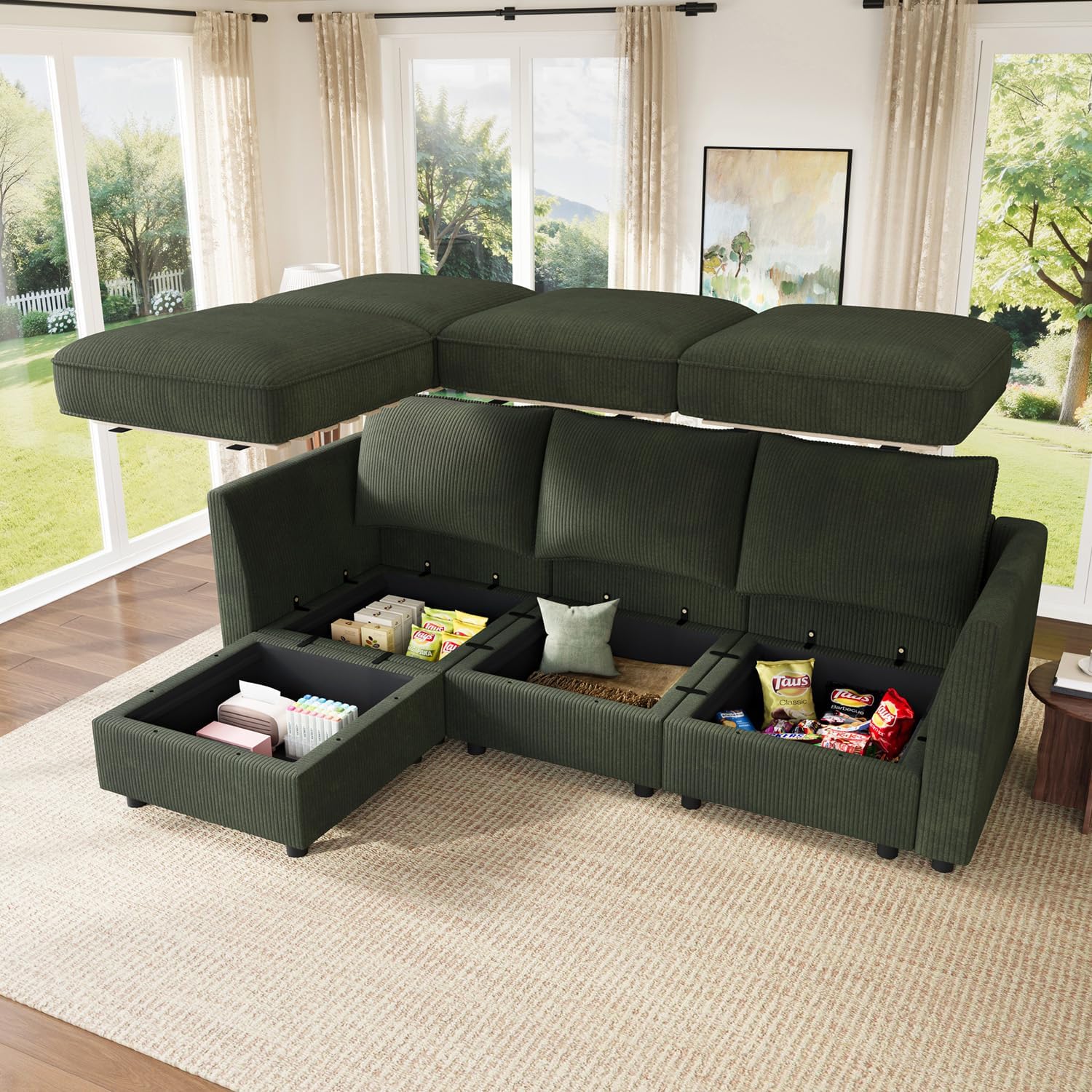 HONBAY Modular Sectional Sofa with Storage L Shaped Sectional Sofa, Convertible Couches for Living Room - Green