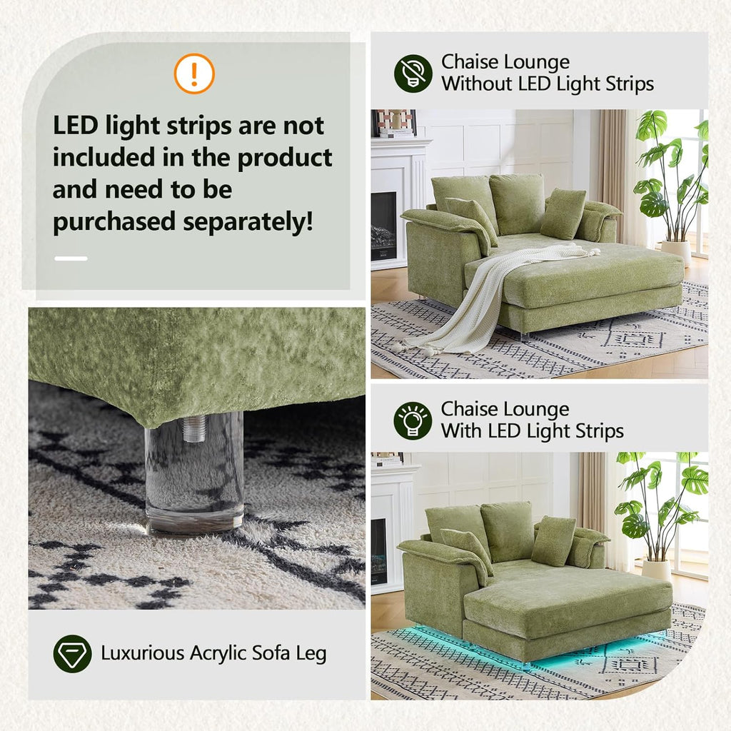 VINGLI Modern Floating Chaise Lounge Chair with Acrylic Legs, Upholstered Cushion Deep Seat Lounge Sofa with Iron-Wood KD Frame, Pillow Armrest, Accent Chair for Living Room, Play Room Apartment