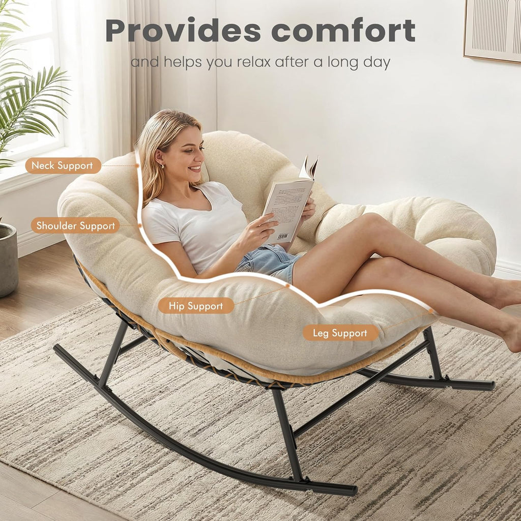 Easyego Oversized Papasan Rocking Chair Indoor Outdoor Use, Comfortable Wicker Rocker with Cozy Thicken Cushion for Deck, Balcony, Poolside, Lawn, Bedroom, Living Room, White