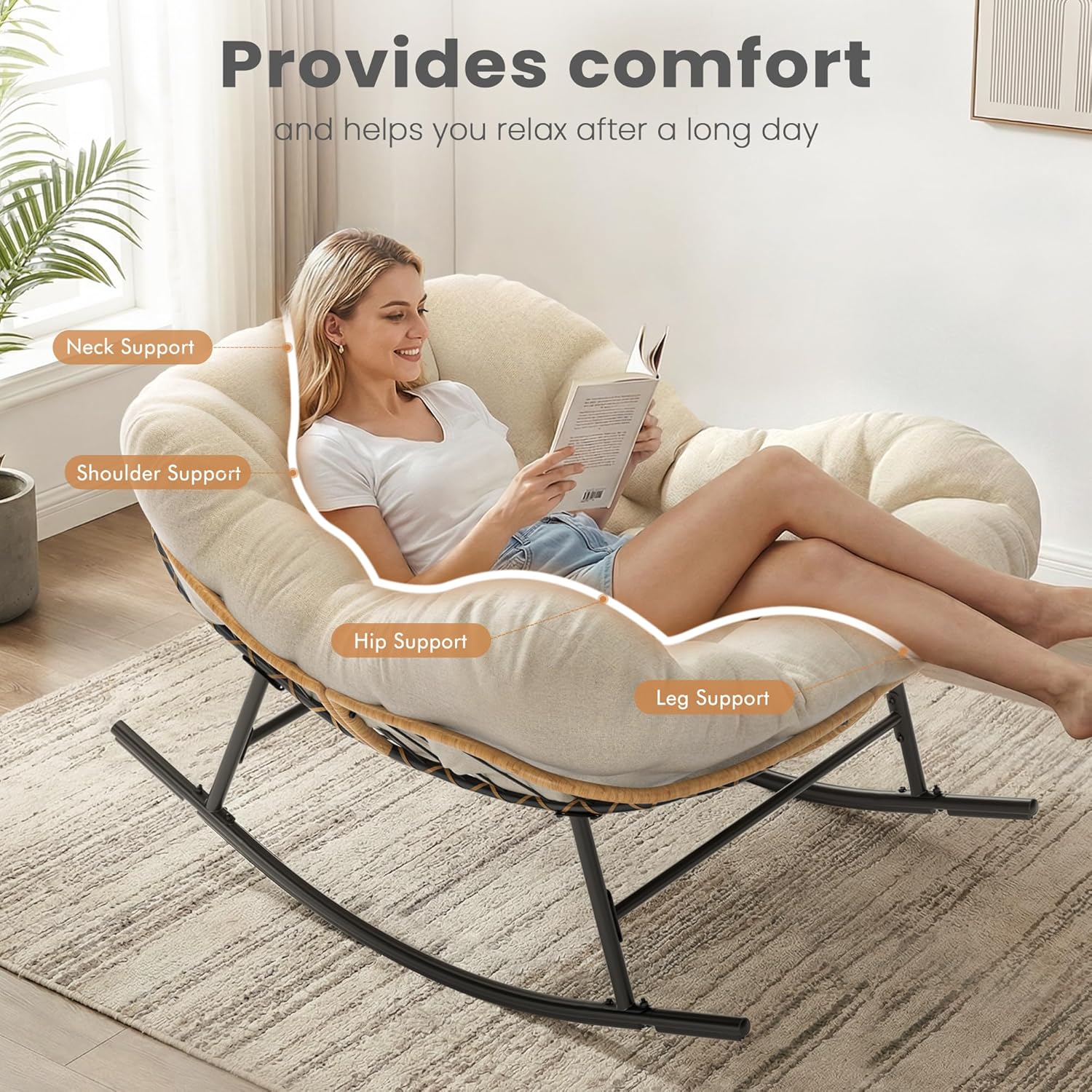 Easyego Oversized Papasan Rocking Chair Indoor Outdoor Use, Comfortable Wicker Rocker with Cozy Thicken Cushion for Deck, Balcony, Poolside, Lawn, Bedroom, Living Room, White