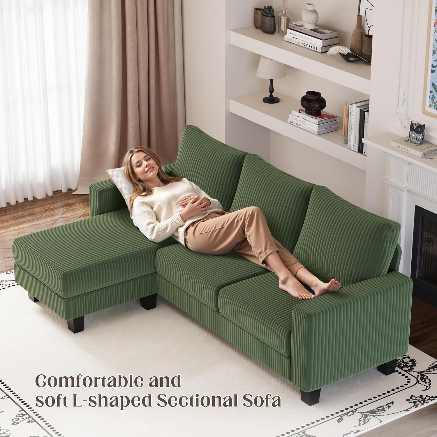 YESHOMY Convertible Sectional Couch, Couches with Mobile Ottoman, Small Sofa L-Shaped 3 Seater with Corduroy Fabric for Living Room, Apartment and Office, 70', Olive Green