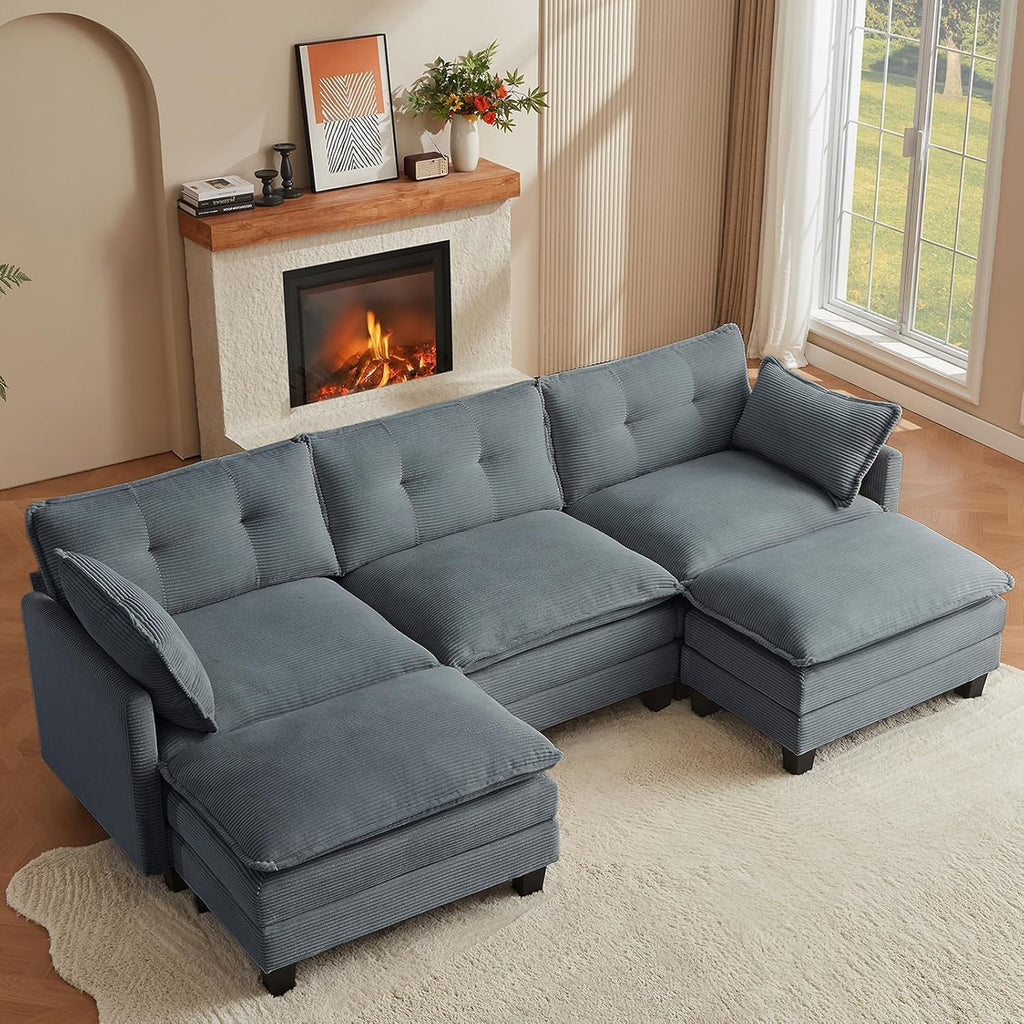 Amsleekey Modular Sectional Sofa, 111.5' U-Shaped Corduroy Comfy Sectional Couches for Living Room, 3-Seater Cloud Couches with 2 Movable Ottomans, Flexible Combination Modern Deep Seat Sofa (Grey)