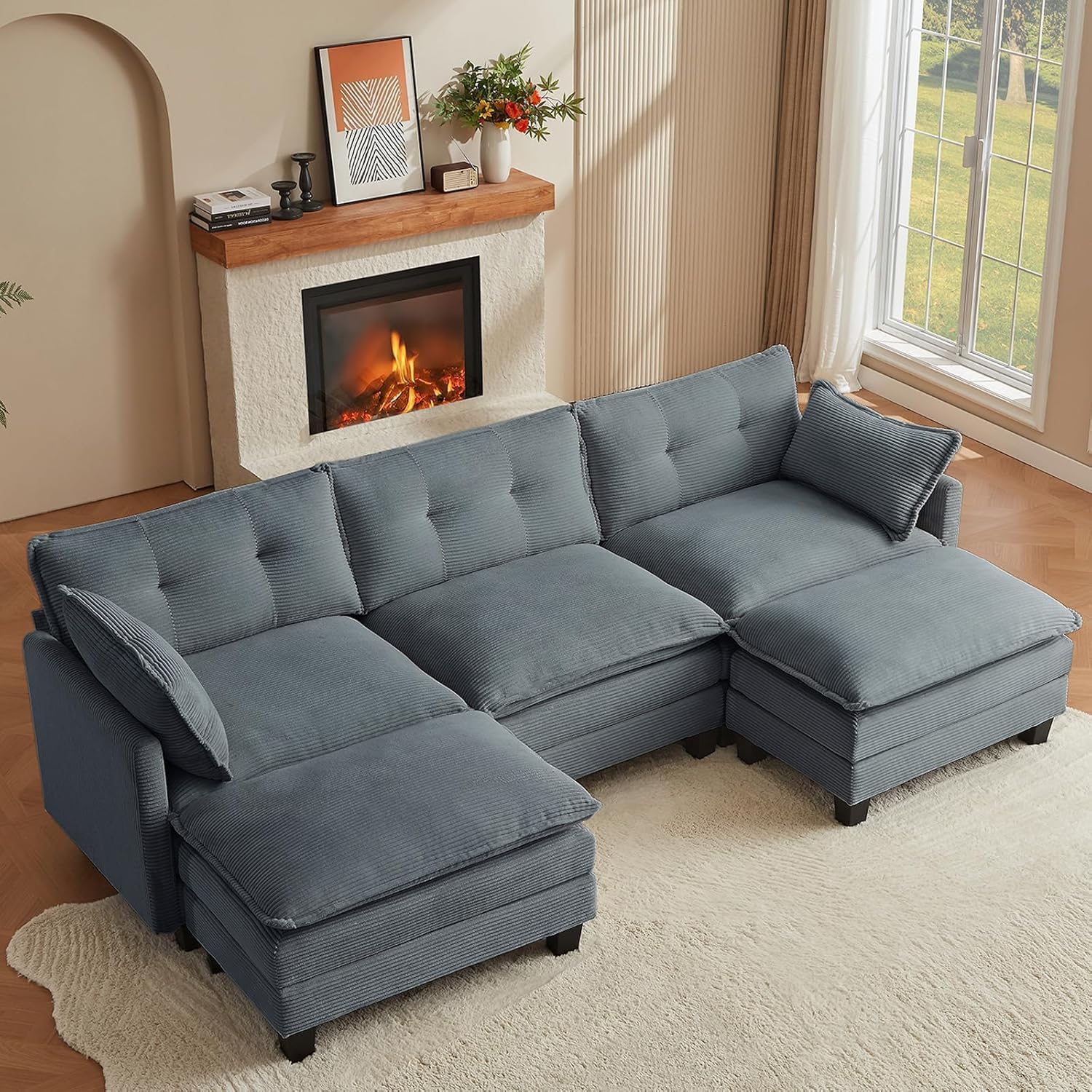 Amsleekey Modular Sectional Sofa, 111.5' U-Shaped Corduroy Comfy Sectional Couches for Living Room, 3-Seater Cloud Couches with 2 Movable Ottomans, Flexible Combination Modern Deep Seat Sofa (Grey)