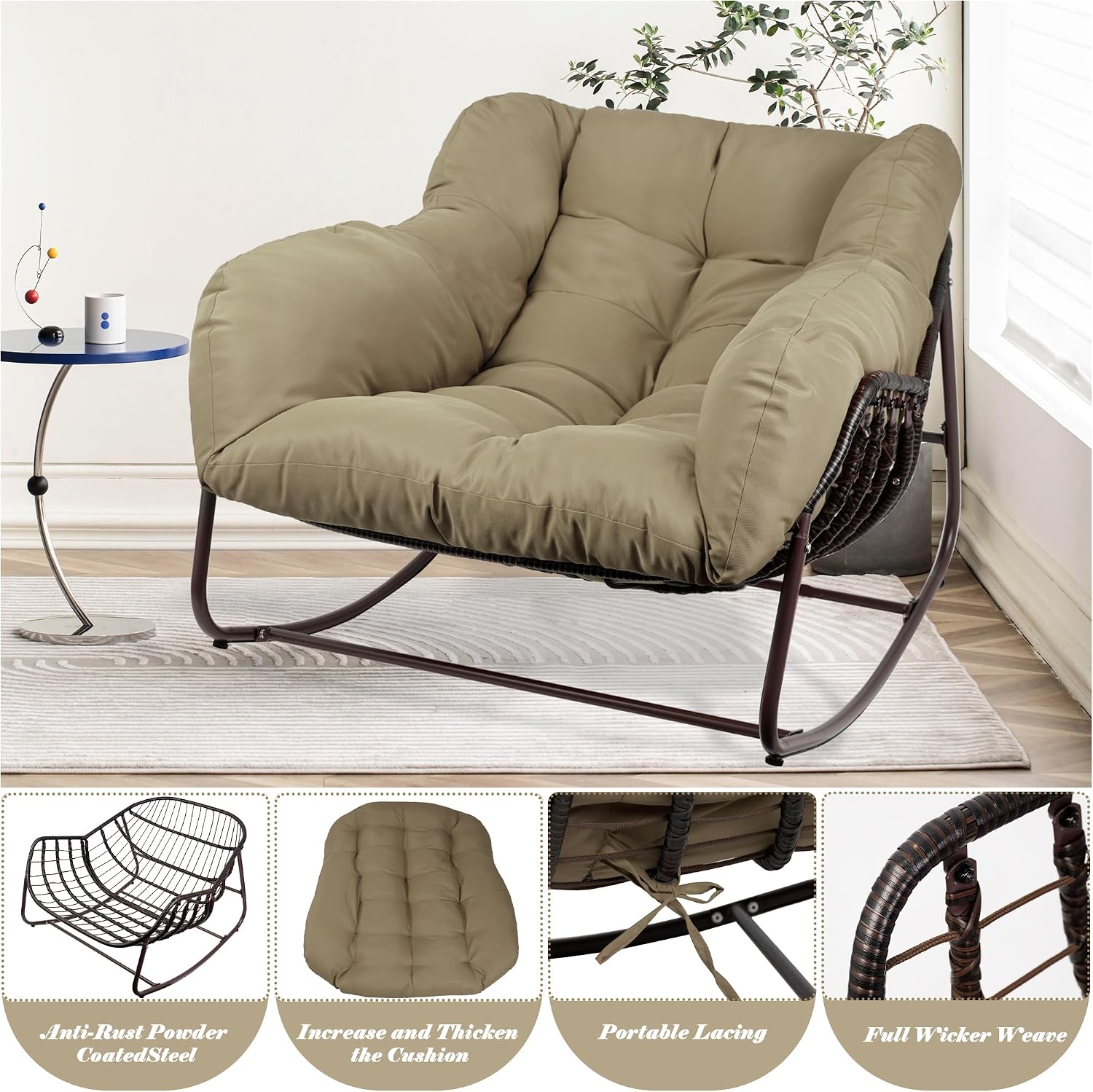 Papasan Rocking Chair Indoor & Outdoor, Oversized Patio Rocking Chairs with Padded Cushion& Pillow-Comfortable Rocker Egg Chair for Front Porch, Garden, Patio, Backyard,Brown,2PC