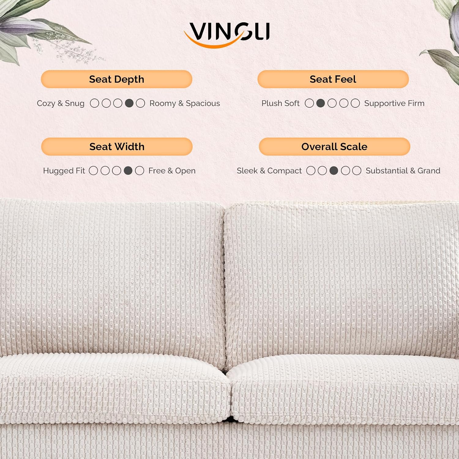 VINGLI 68' W Comfortable Mid Century Loveseat, Two Seater Sofa with Spring Support & Solid Wood Frame, Corduroy Fabric Small Couch for Living Room, Small Space, Bedroom, White