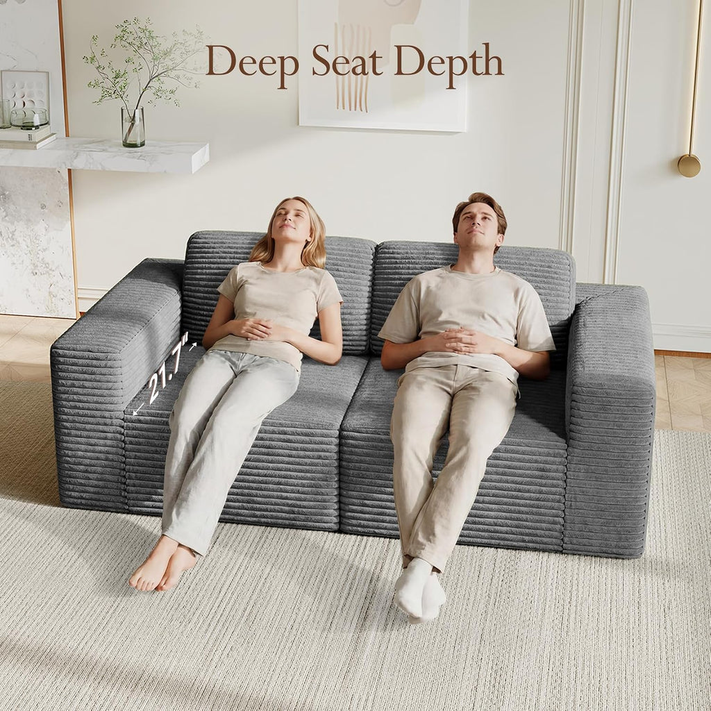 Vesgantti 80' Modular Sectional Sofa, Corduroy Cloud Couch with Deep Seating & Spring Support, 2 Seater Compact Modular Couch, Boneless Sectional Sofa for Small Spaces, No Assembly Required, Grey
