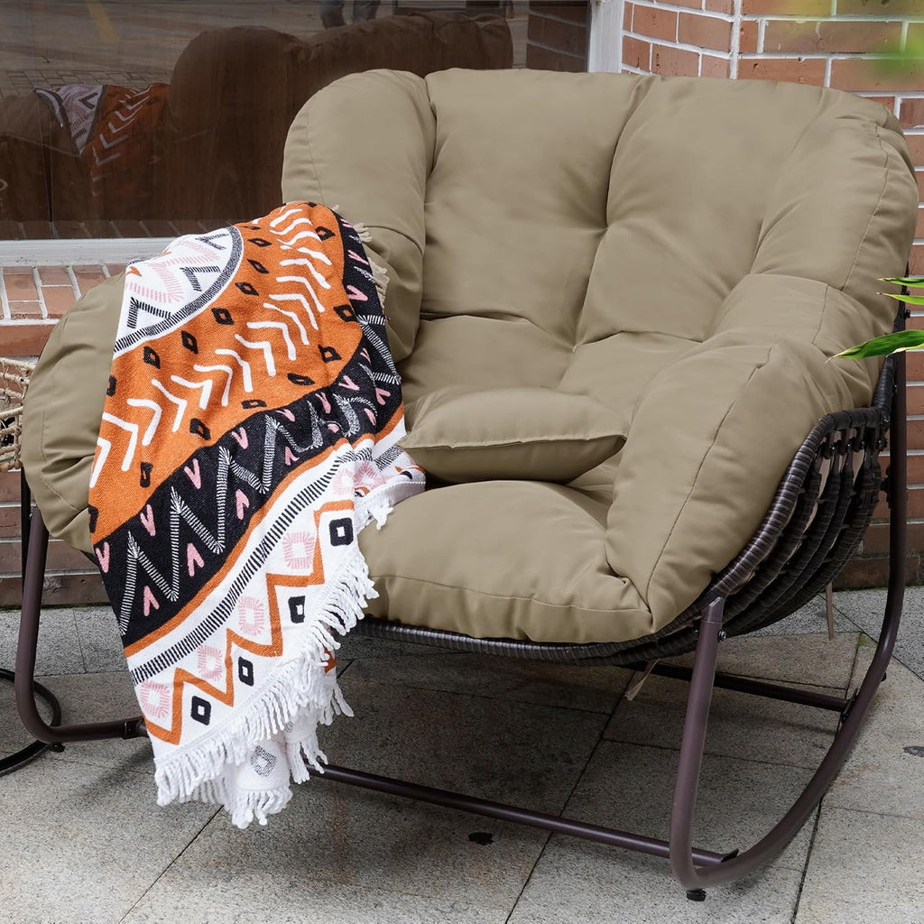 Papasan Rocking Chair Indoor & Outdoor, Oversized Patio Rocking Chairs with Padded Cushion& Pillow-Comfortable Rocker Egg Chair for Front Porch, Garden, Patio, Backyard,Brown,1PC