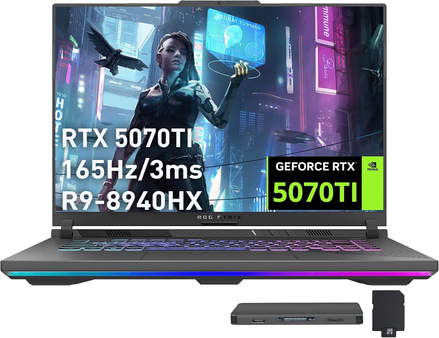 ASUS ROG Strix G16 Gaming Laptop, 16' WUXGA 165Hz Display, NVIDIA GeForce RTX 5070 Ti, AMD Ryzen 9 8940HX, 64GB DDR5, 3TB Storage(2TB SSD+1TB Docking Station Set), RGB Backlit Keyboard, Win 11, Gray