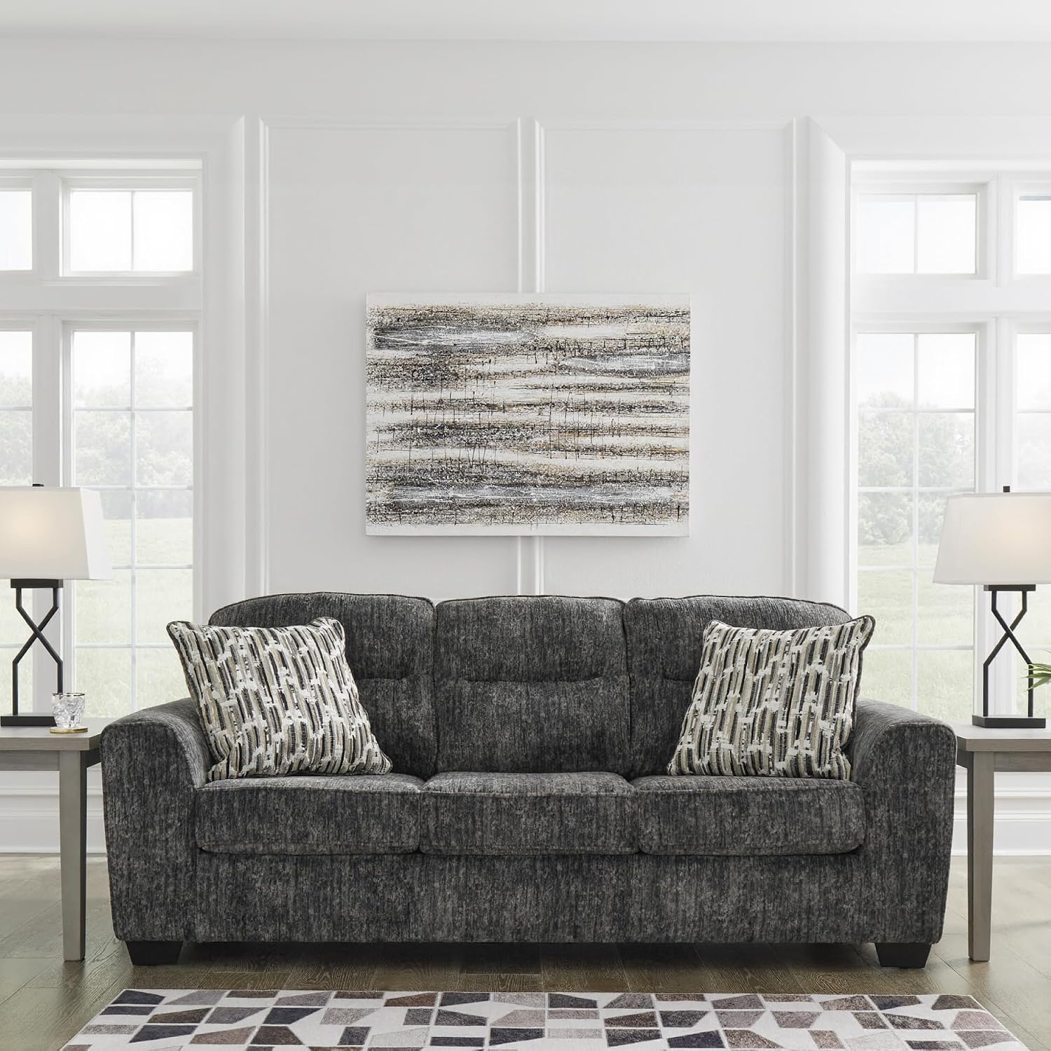 Signature Design by Ashley Lonoke Modern Sofa with 2 Accent Pillows, Gray