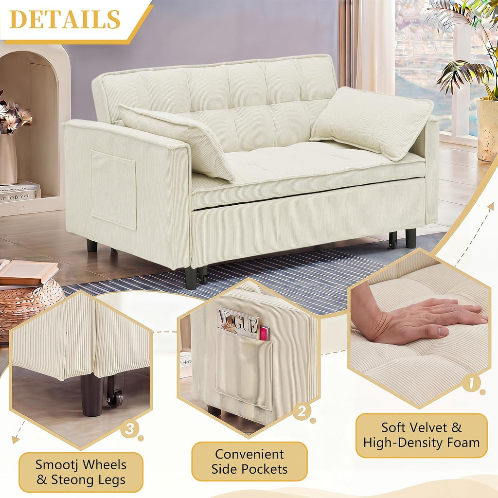 CAPCAEK 3 in 1 Convertible Sleeper Sofa Bed, Modern Corduroy Loveseat Pull-Out Couch w/Pullout Bed, Small Love Seat Lounge Sofa w/Reclining Backrest,Toss Pillows, Pockets, for Living Room