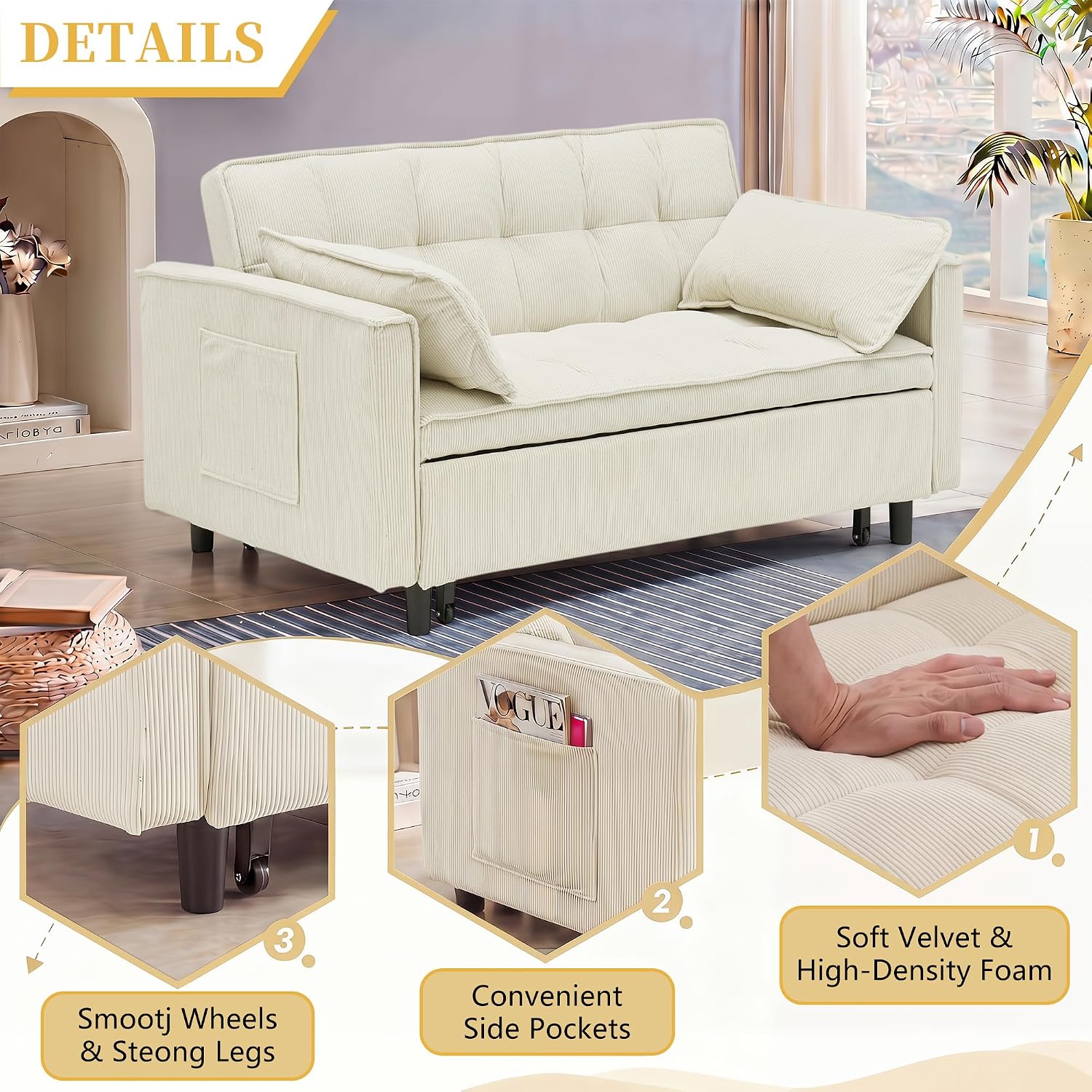CAPCAEK 3 in 1 Convertible Sleeper Sofa Bed, Modern Corduroy Loveseat Pull-Out Couch w/Pullout Bed, Small Love Seat Lounge Sofa w/Reclining Backrest,Toss Pillows, Pockets, for Living Room