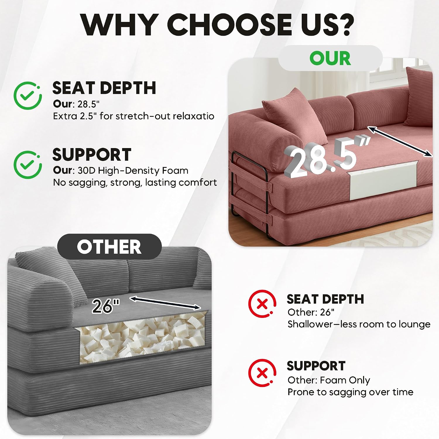ZEIINPA 78.5 Inch Convertible Sleeper Sofa Bed, 5 in-1 Boneless Floor Couch Bed with Fixed-Shape Frame, Modular Futon Couch for Living Room, Apartments, RV Studio, Bedroom, Small Spaces, Pink