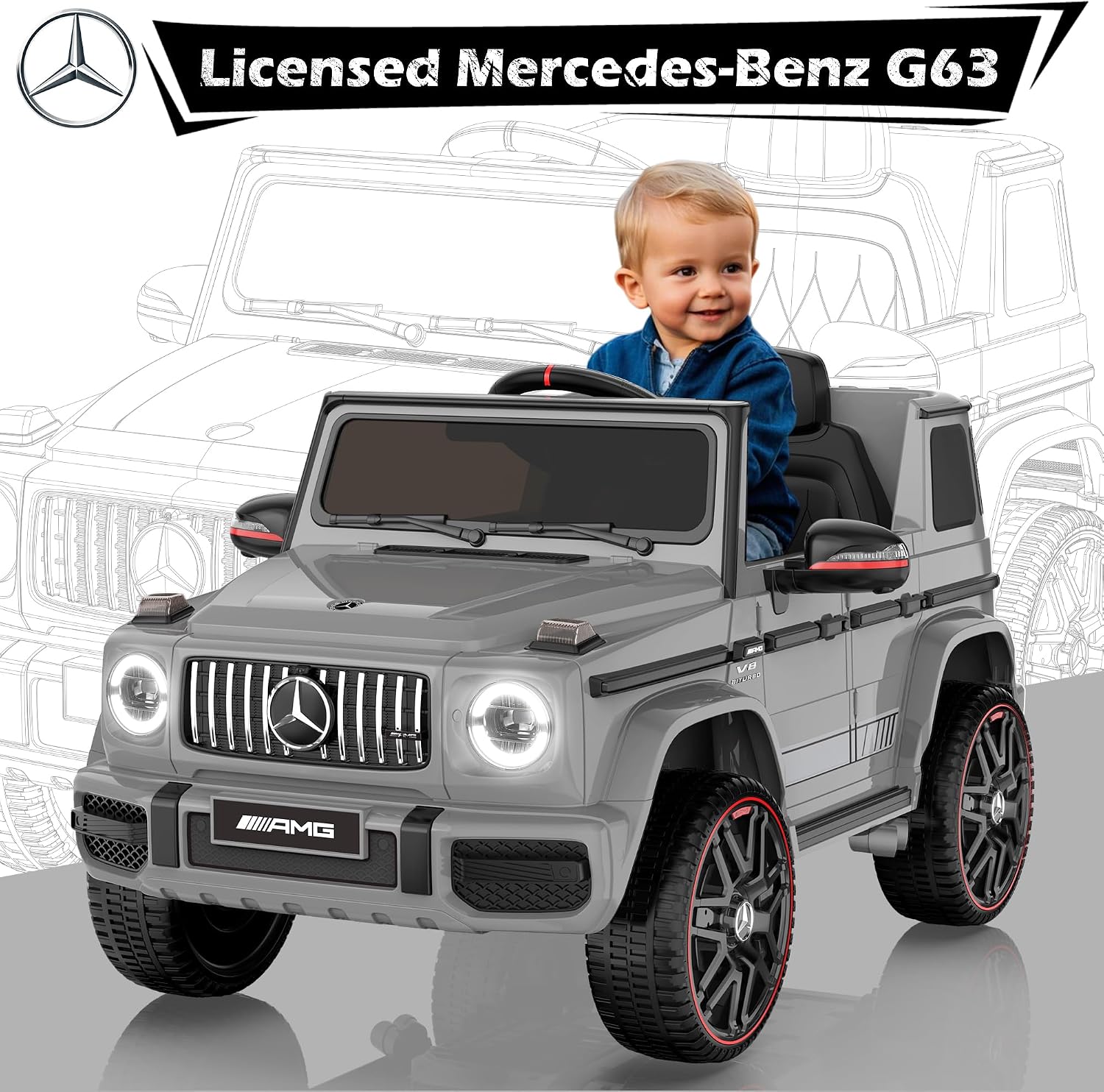 ANPABO Licensed Mercedes-Benz G63 Car for Kids, 12V Ride on Car w/Parent Remote Control, LED Headlights, Music Player & Horn, Soft Start, Low Battery Prompt, Kids Electric Car, Grey