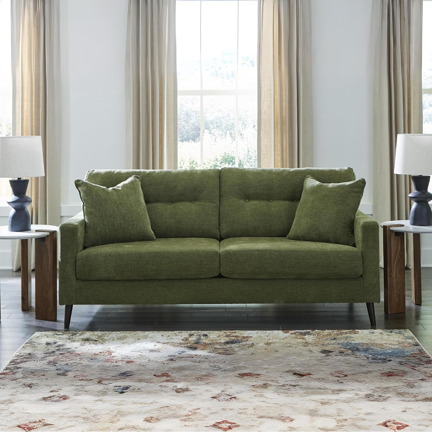 Signature Design by Ashley Bixler Sofa, Mid-Century Modern Sofa with Button-Tufted Back, Durable Foam Cushions, Platform Foundation Support, Polyester Blend Upholstery, Olive
