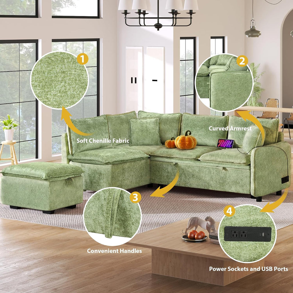 LUMISOL 82.7' Convertible Sleeper Sofa Bed with Storage Ottoman, L-Shaped Sectional Sofa with Pull Out Bed, USB Ports, Chenille Sleeper Sofa Couch with Chaise for Living Room, Green