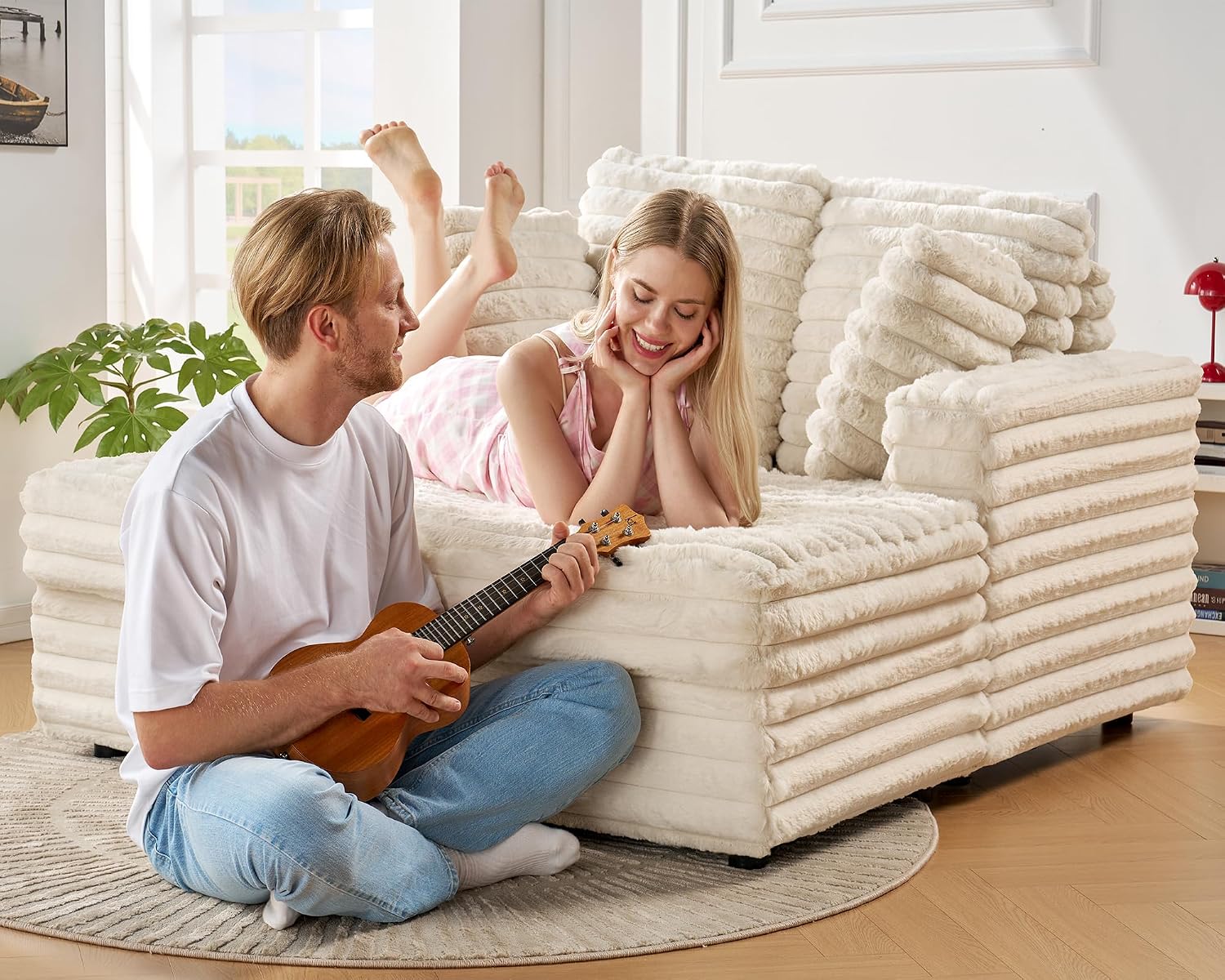 VanAcc 58 Inch Chaise Lounge Indoor, Upholstered Sofa Bed with Throw Pillows and Armrests, Sleeper Chair- Plush Chair Bed for Living Room, Off-White