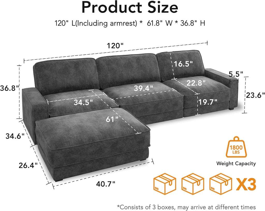 Vipbear 120' Oversized Modular Sectional Sofa, L Shaped Couch Set with 2 Pillows, 4 Seat Comfy Cloud Couches with Movable Ottoman for Living Room, Bedroom and Apartment, Chenille Dark Grey