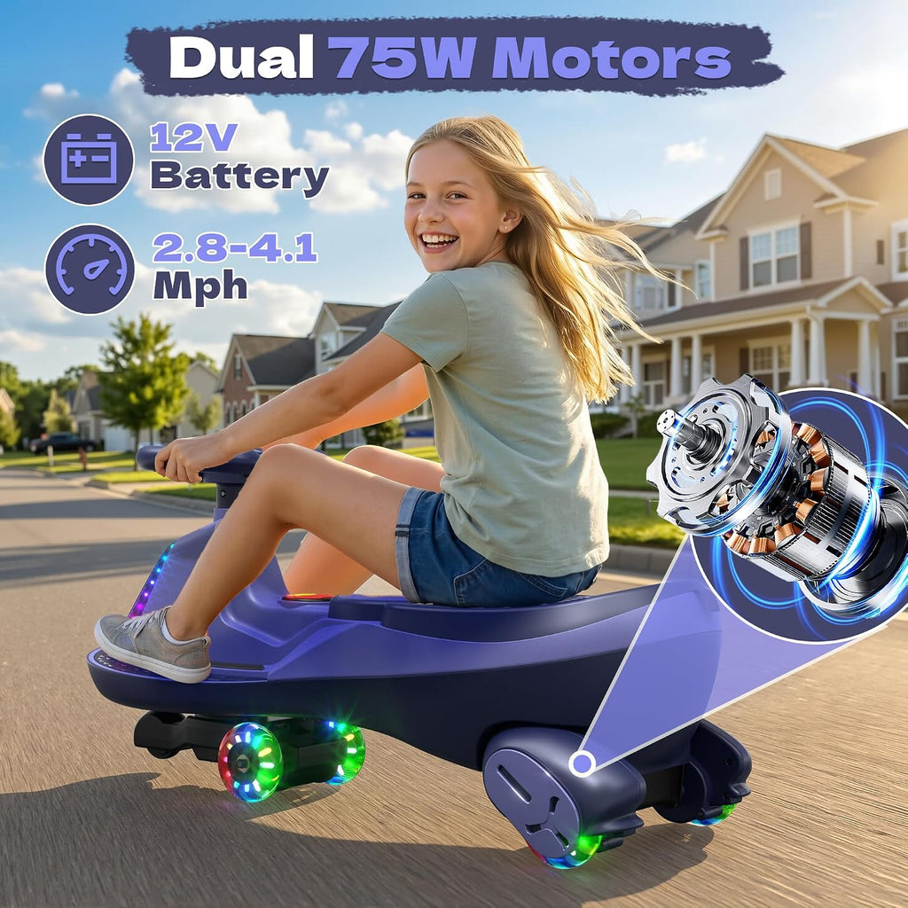 ANPABO 12V Electric Wiggle Car with Pedals, 2 Seater, 2x75W Motor, Music & Bluetooth, Ride On Toy for Kids Ages 3+, 170 Lbs, Purple