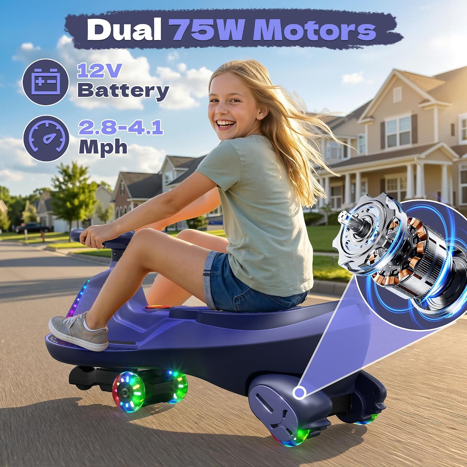 ANPABO 12V Electric Wiggle Car with Pedals, 2 Seater, 2x75W Motor, Music & Bluetooth, Ride On Toy for Kids Ages 3+, 170 Lbs, Purple