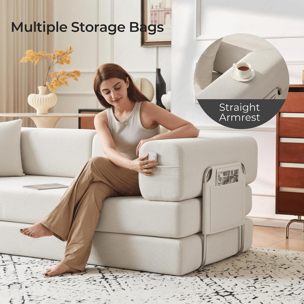 Carzzi-Life 79' Convertible Sofa Bed with Pillows, Corduroy Folding Sleeper Sofa with Fixed-Shape Frame, Boneless Couch for Living Room Bedroom, Floor Sofa Lounge No Assembly Required (Beige)