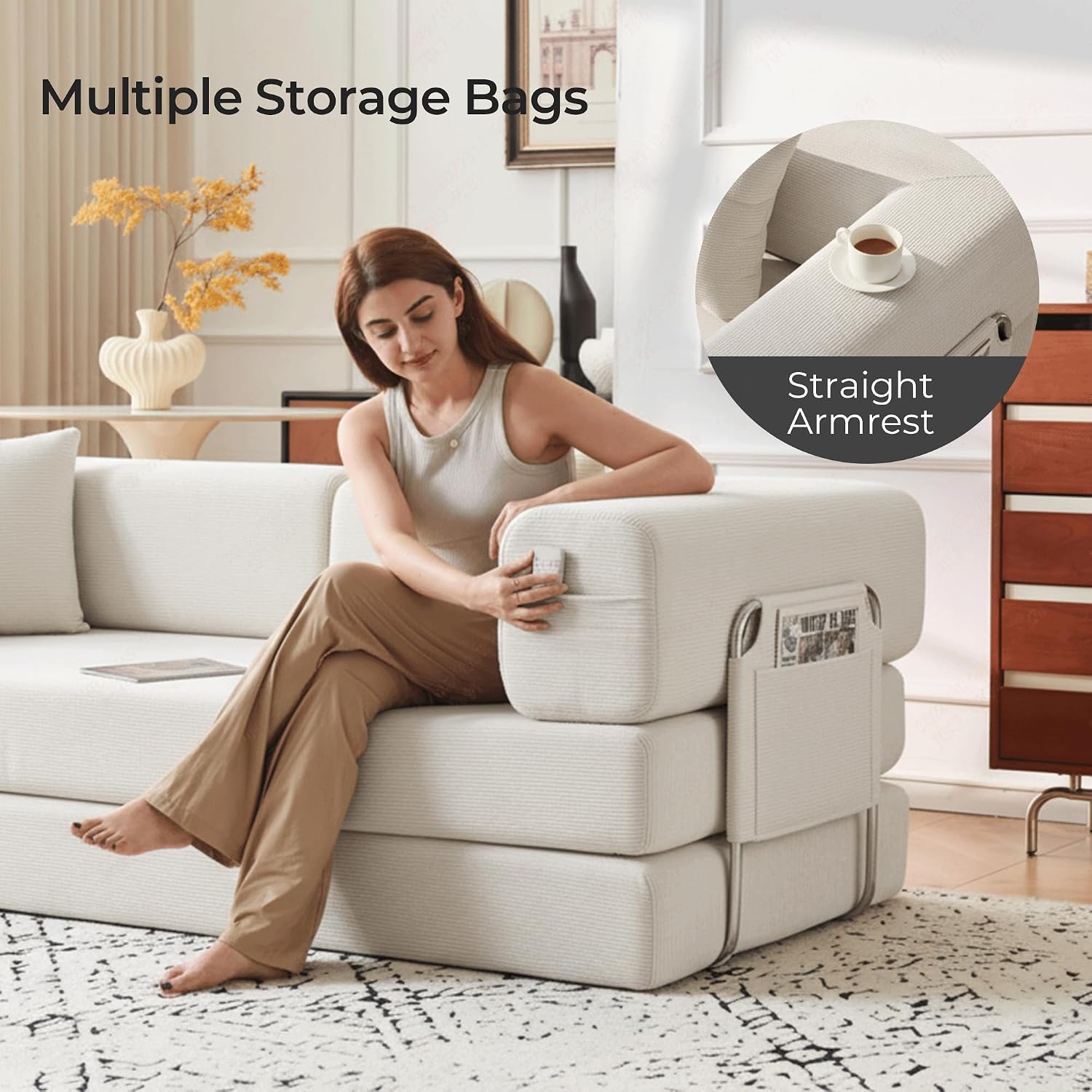 Carzzi-Life 79' Convertible Sofa Bed with Pillows, Corduroy Folding Sleeper Sofa with Fixed-Shape Frame, Boneless Couch for Living Room Bedroom, Floor Sofa Lounge No Assembly Required (Beige)