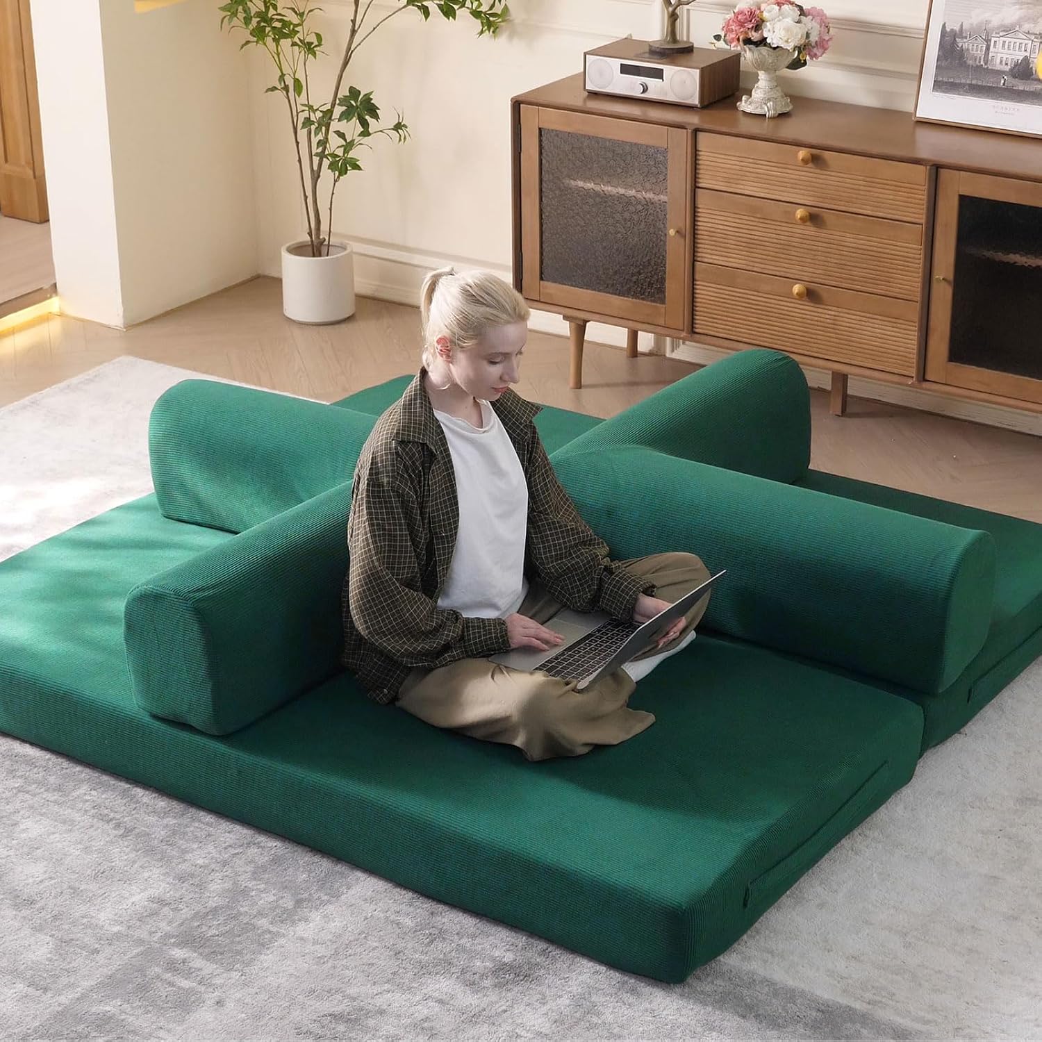 WHGBJA 79' Convertible Sleeper Sofa Bed with Cylindrical Pillow, Corduroy Folding Mattress Couch with Fixed-Shape Frame, Floor Sofa Lounge Couch for Living Room Bedroom Lounge Studio (Green)