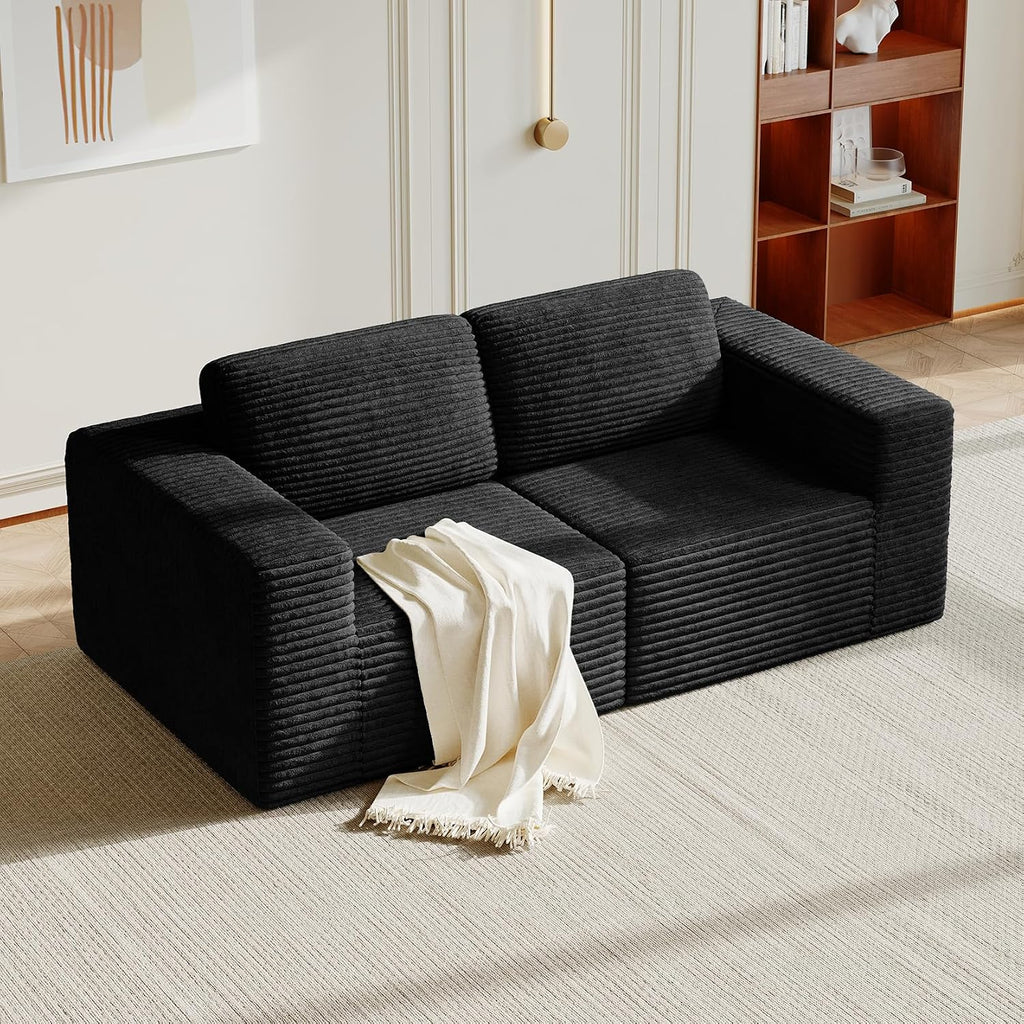 Vesgantti 80' Modular Sectional Sofa, Corduroy Cloud Couch with Deep Seating & Spring Support, 2 Seater Compact Modular Couch, Boneless Sectional Sofa for Small Spaces, No Assembly Required, Black