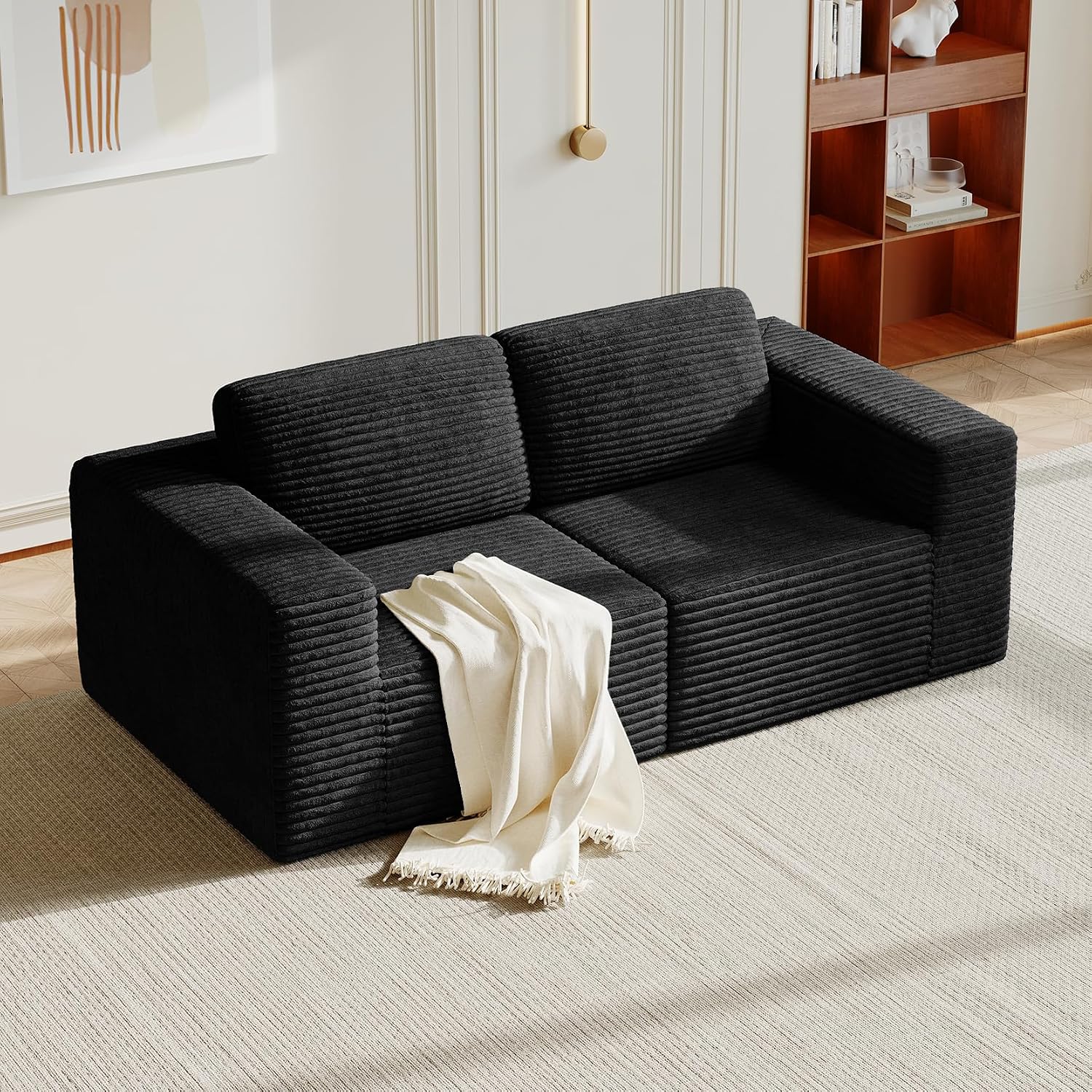 Vesgantti 80' Modular Sectional Sofa, Corduroy Cloud Couch with Deep Seating & Spring Support, 2 Seater Compact Modular Couch, Boneless Sectional Sofa for Small Spaces, No Assembly Required, Black