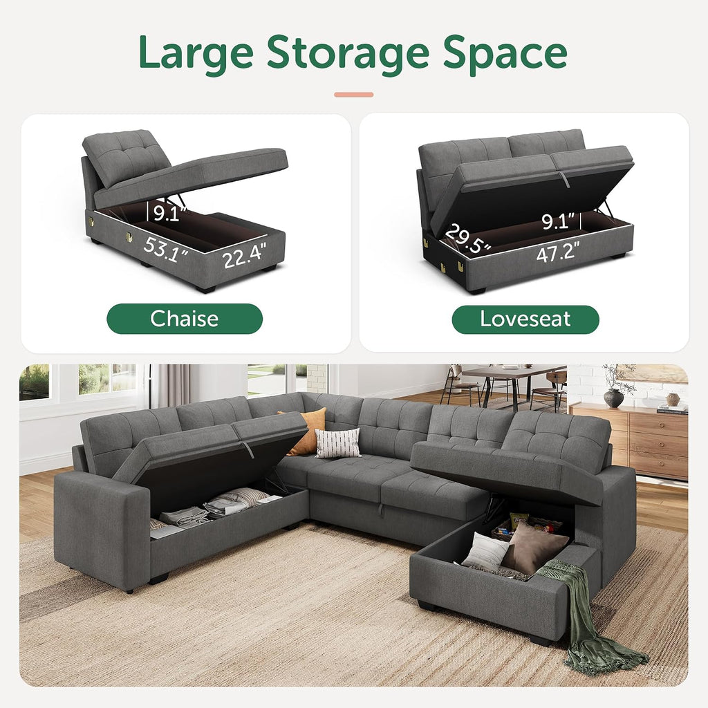 HONBAY Sleeper Sofa Bed with Storage Chaise, Sectional Couch with Pull Out Bed, U Shaped Sectional Sleeper Sofa Couch, Grey