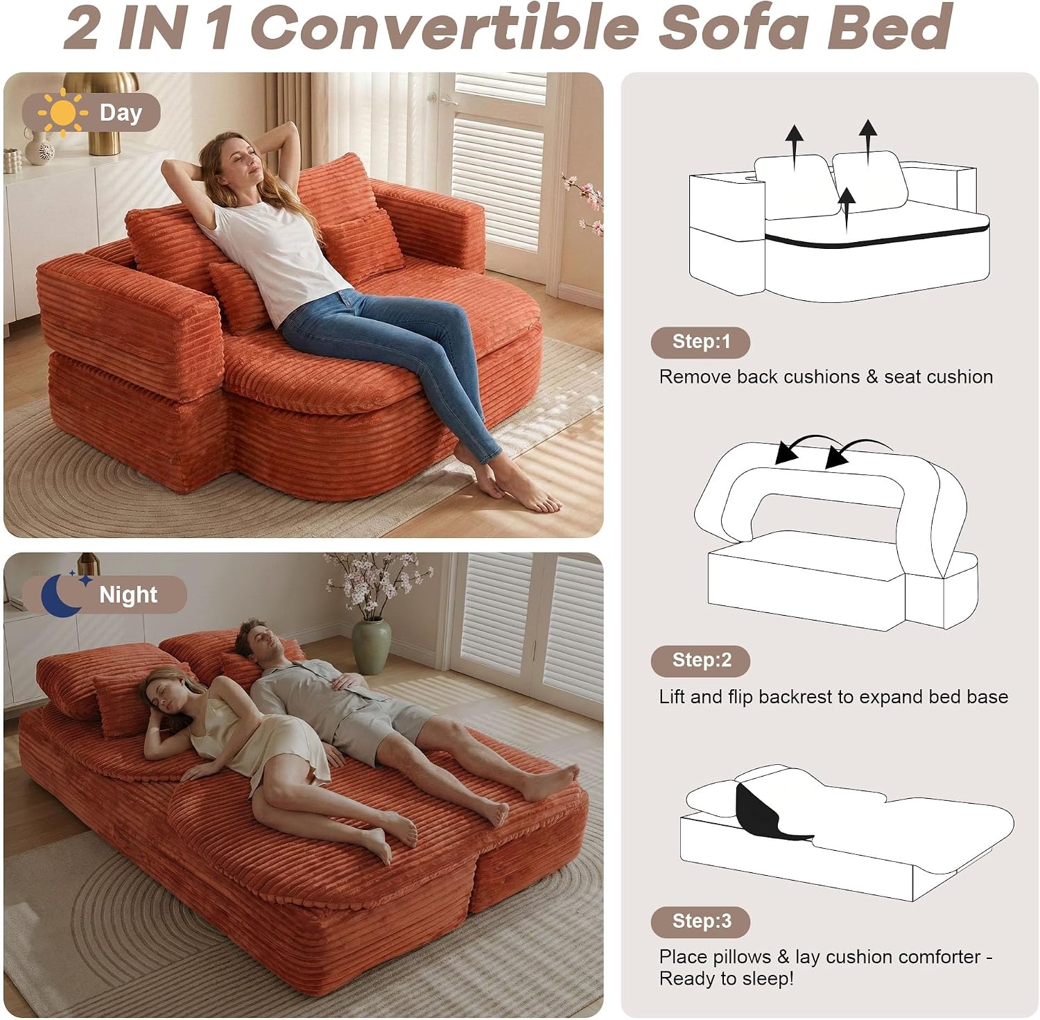 75'' Folding Sleeper Sofa Bed, Convertible Memory Foam Boneless Couch, Foldable Full Size Guest Bed, Modern 2-in-1 Futon Floor Sleeper Sofa with 4 Pillows and Blanket (Corduroy, Orange)