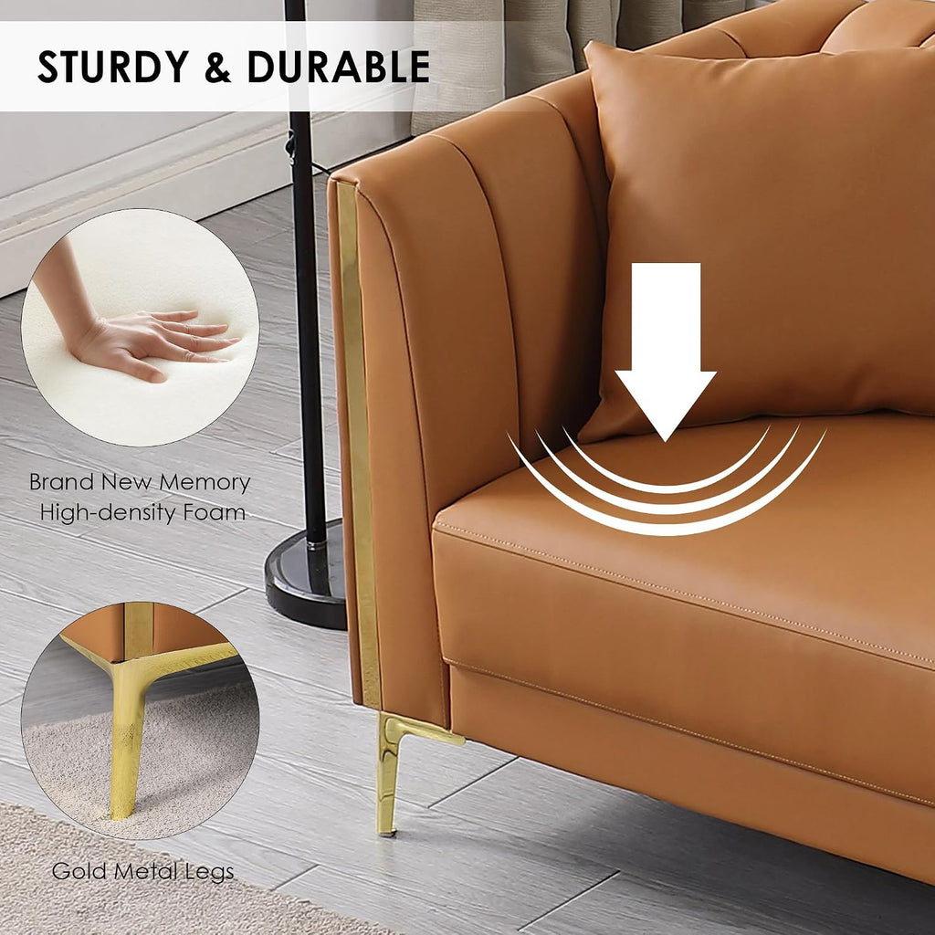 FOTOSOK Leather Couch Sofa, Office Couches 78'' Apartment Faux Leather Sofa with 2 Throw Pillows & Gold Metal Legs, Waterproof 3 Seater Couches for Small Living Room, Affordable Luxury Design