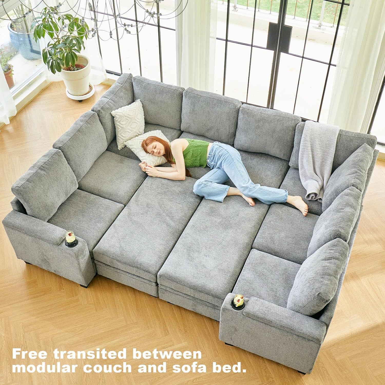 Belffin Chenille Modular Sectional Sofa Convertible L Shaped Corner Couches for Living Room with Storage Armrest with Cup Holder Light Grey Couch