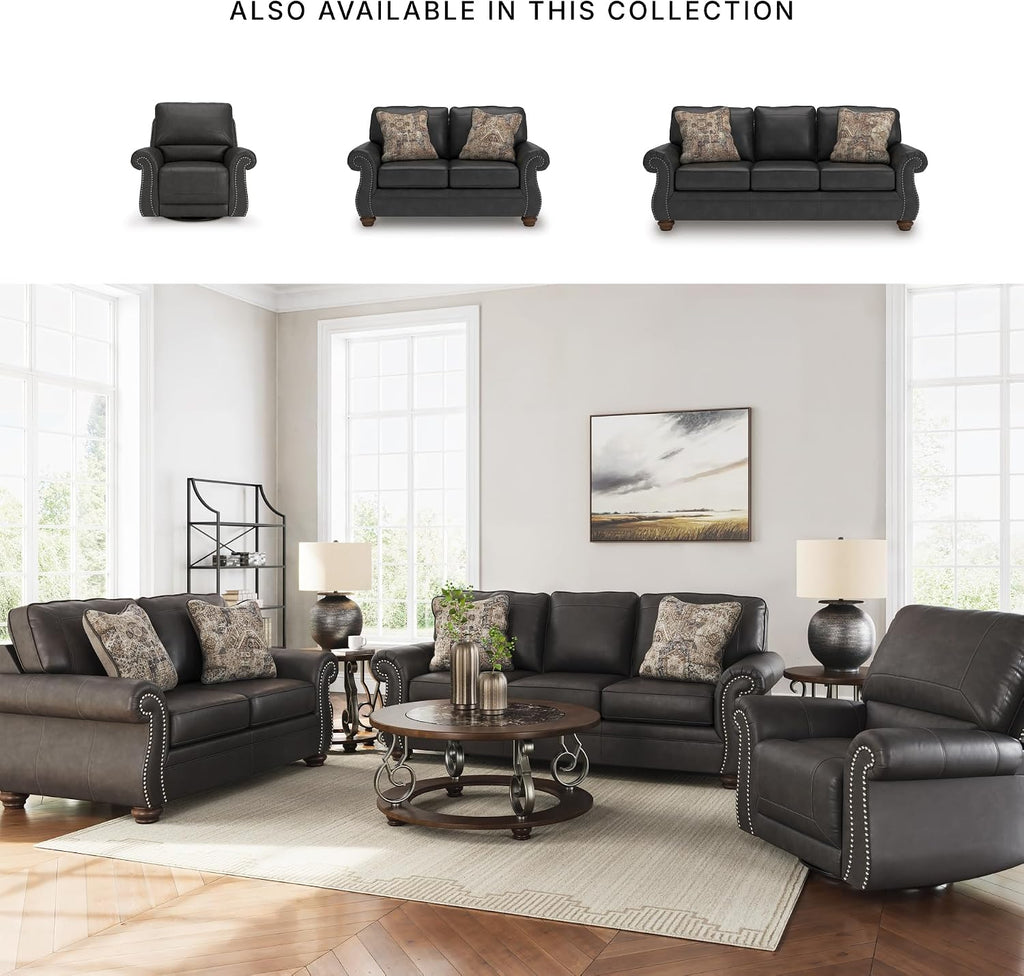 Signature Design by Ashley Chatterton Rustic Faux Leather Queen Sofa Sleeper with Bi-Fold Memory Foam Mattress, Nailhead Trim and 2 Throw Pillows, Queen, Black