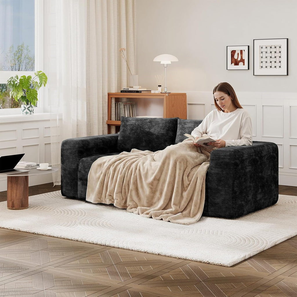 EROMMY 76'' Boneless Couch, 3 Seater Cloud for Living Room, Oversize Loveseat Sofa with Wide Armrest and 2 Back Support, No Assembly Required Chenille Soft Sofa, Black