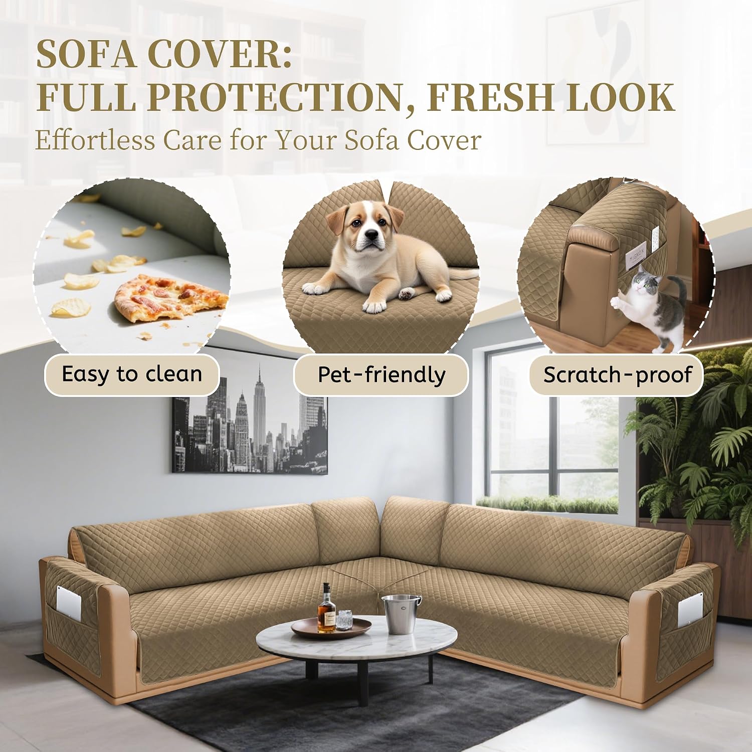 Sectional Couch Covers for Dogs 100% Waterproof Corner L Shaped Sofa Cover Pet Friendly Velvet Washable Anti Slip L Shape Modular Sofa Slipcover Protector with Pockets (Camel, Small)