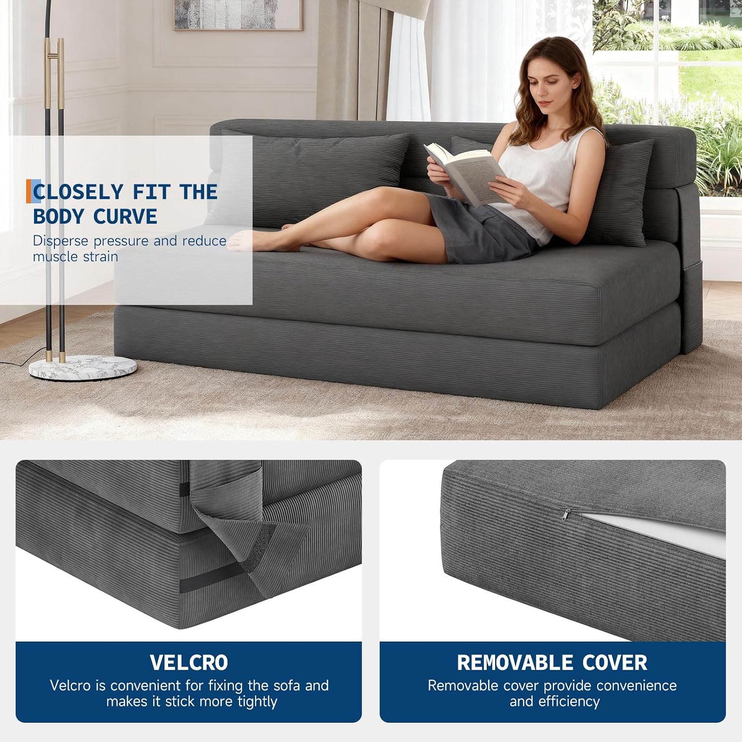 Garvee 4-in-1 Folding Sofa Bed & Chair Bed - Convertible Sleeper, Fold Out Loveseat Sofa Couch with Pillow, Tufted Floor Lounge for Living Room, Bedroom, Guest Room, Dark Gray