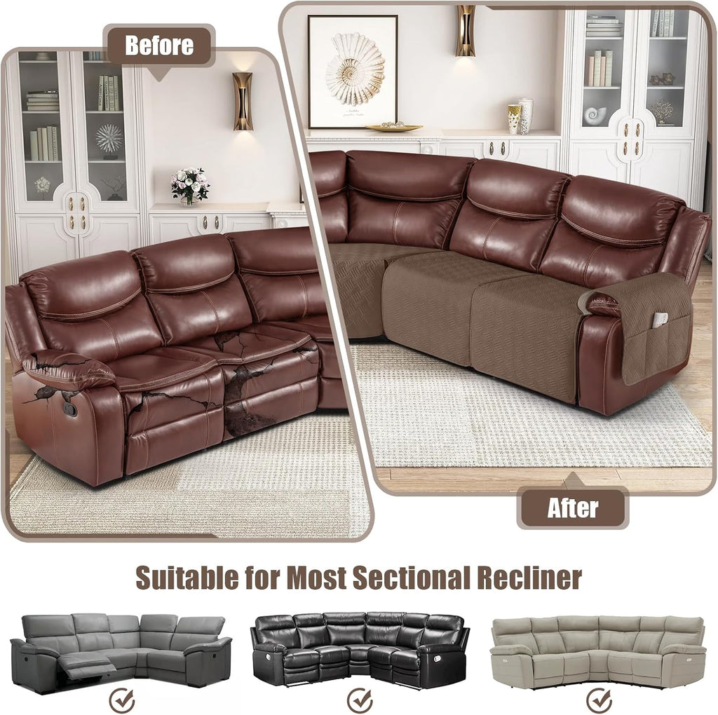 KinCam Waterproof Recliner Sectional Couch Covers, Oversized Reclining Sofa Covers for L Shape Couch, Non Slip Couch Cover for Sofa Washable Slipcover (5 Seat Recliner Cover, Brown)